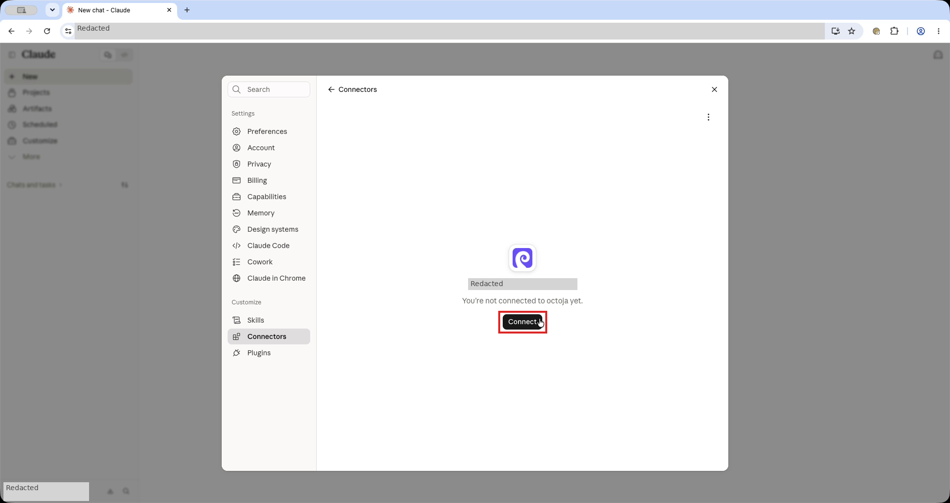 Claude-Connector-Seite mit einem roten Rahmen um Connect; die Serveradresse ist abgedeckt