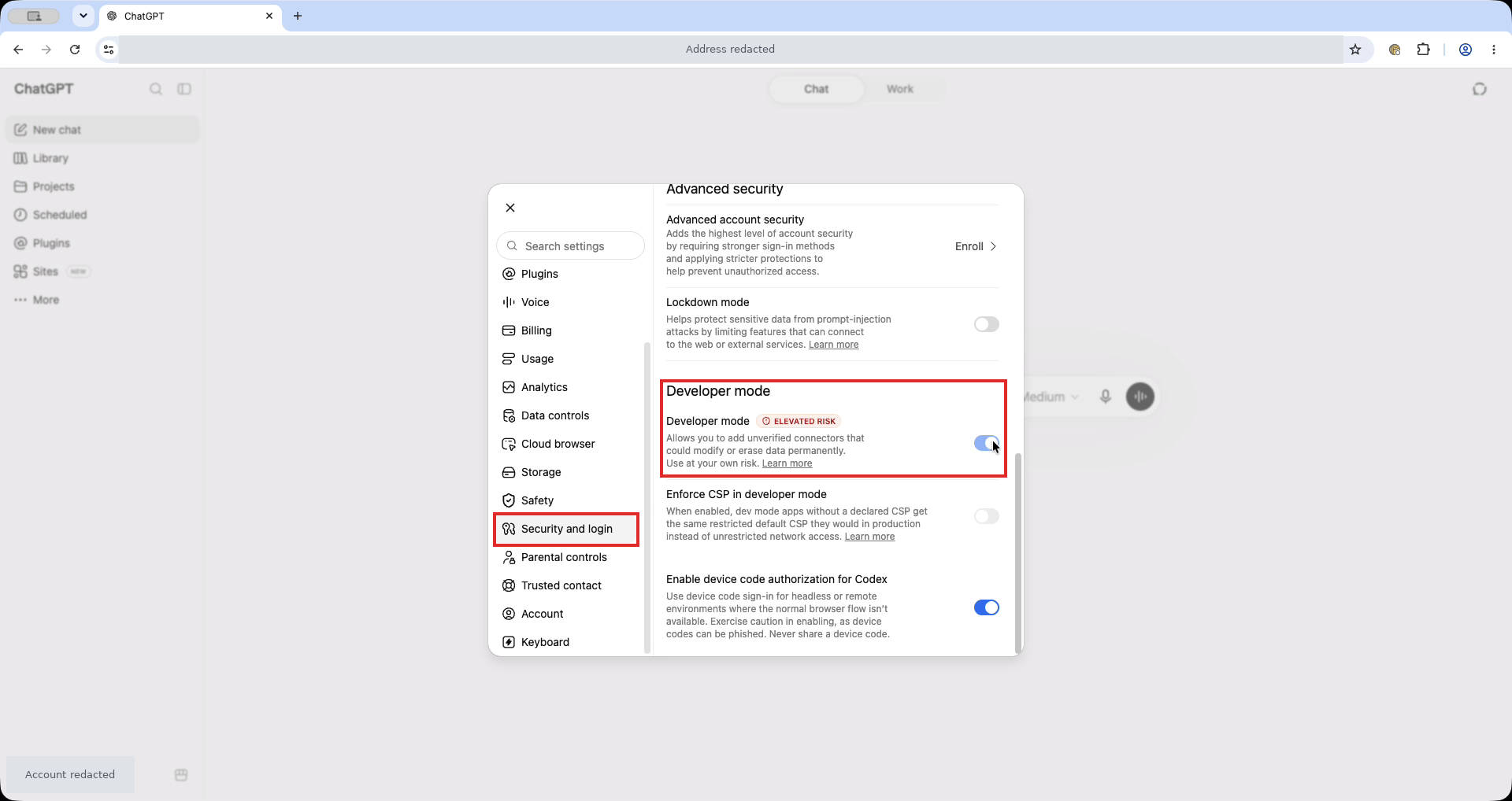 ChatGPT-Einstellungen mit roten Rahmen um Security and login und den aktivierten Schalter Developer mode