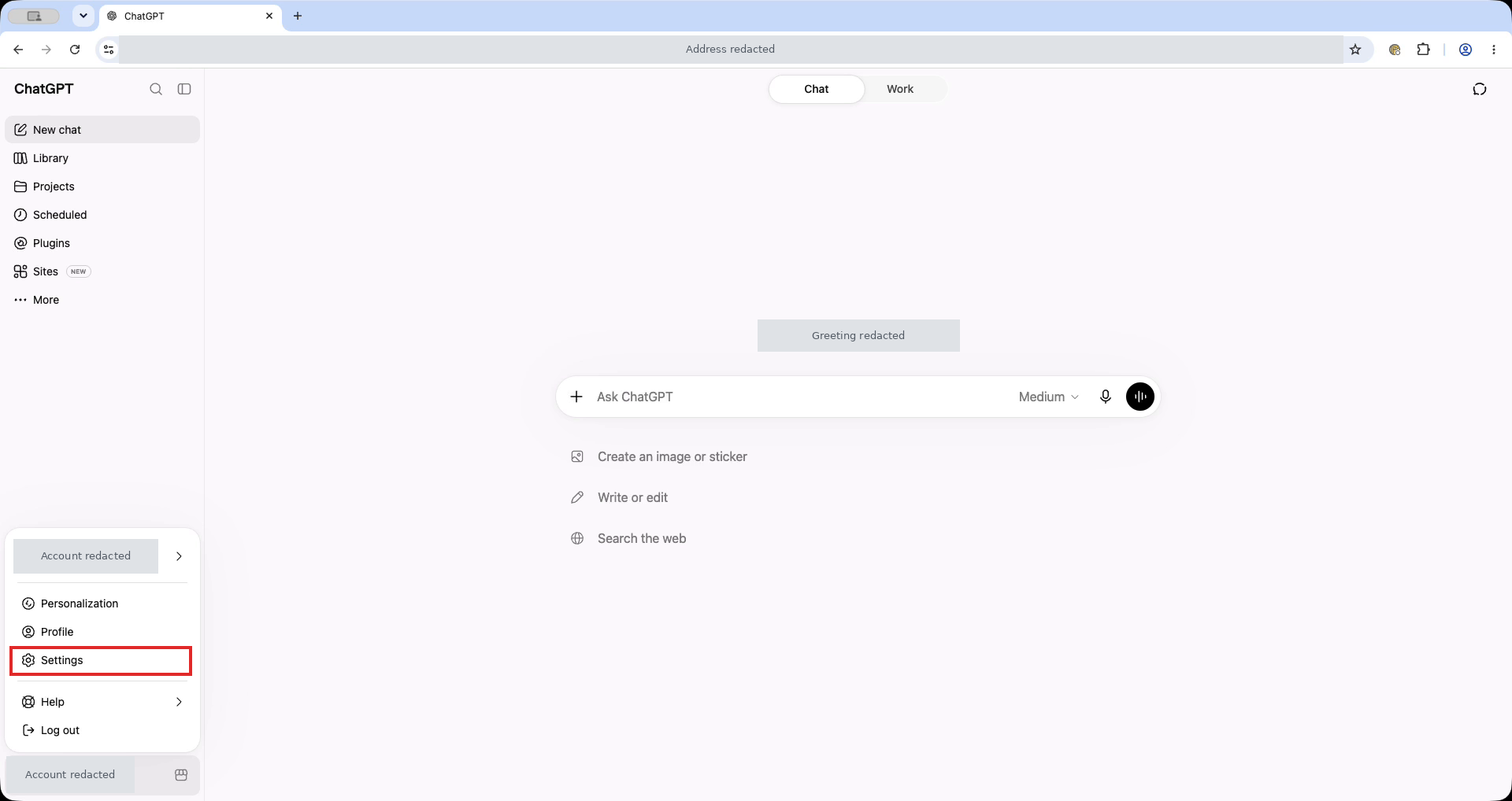 ChatGPT-Profilmenü mit einem roten Rahmen um Settings; die Kontodaten sind abgedeckt