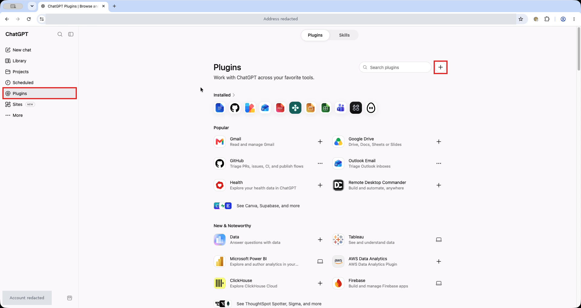 ChatGPT-Plugins-Seite mit roten Rahmen um Plugins in der Navigation und die Plus-Schaltfläche neben Search plugins