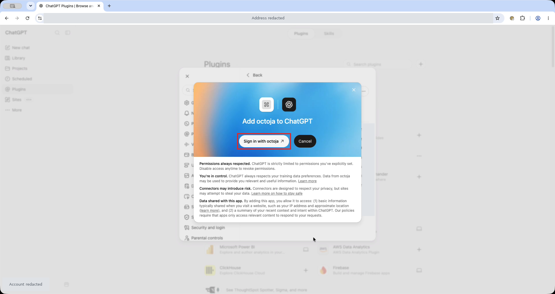 Dialog Add octoja to ChatGPT mit einem roten Rahmen um Sign in with octoja