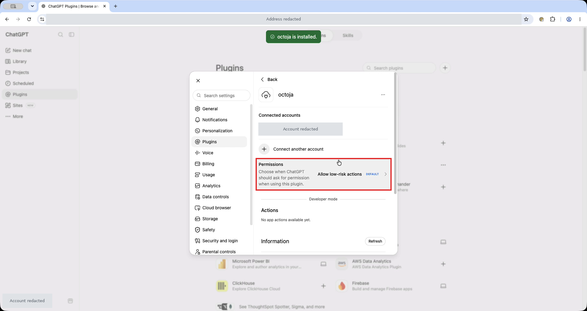 Einstellungen des installierten octoja-Plugins mit einem roten Rahmen um Permissions; das verbundene Konto ist abgedeckt