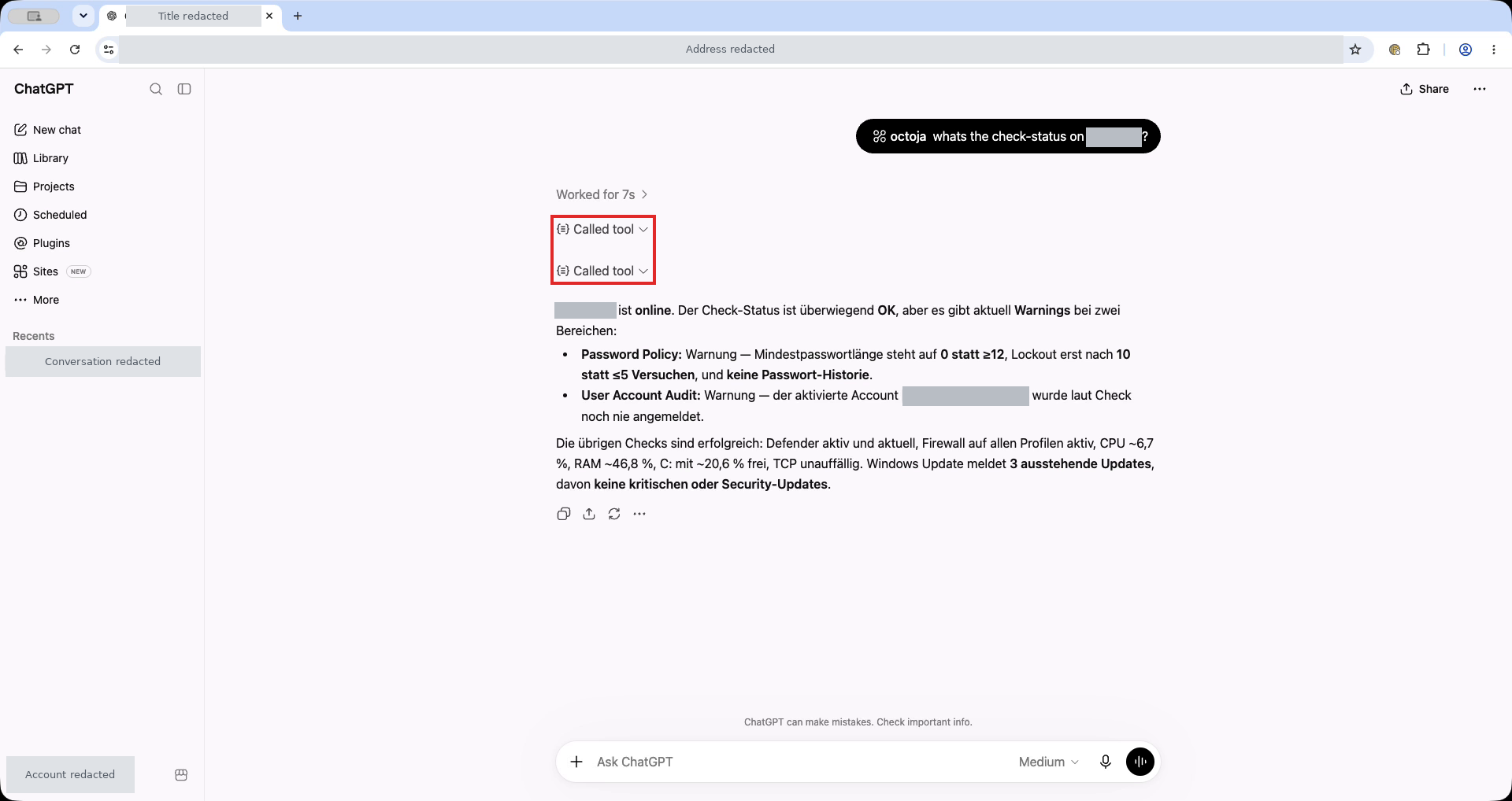 ChatGPT-Testfrage und Monitoring-Zusammenfassung mit einem roten Rahmen um zwei Einträge Called tool; Geräte- und Kontonamen sowie der Unterhaltungstitel sind abgedeckt
