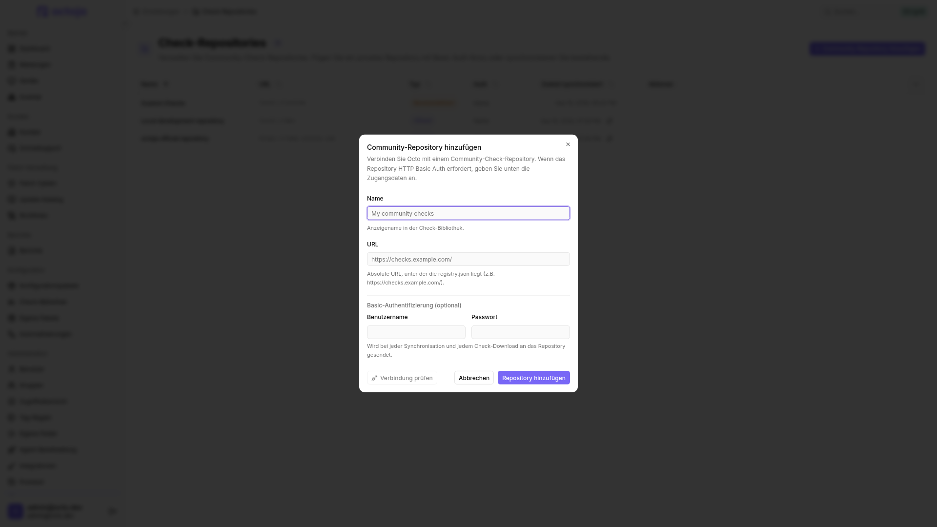 Der Dialog „Community-Repository hinzufügen“ mit den Feldern Name und URL, optionaler Basic-Authentifizierung sowie den Aktionen zum Prüfen und Hinzufügen.