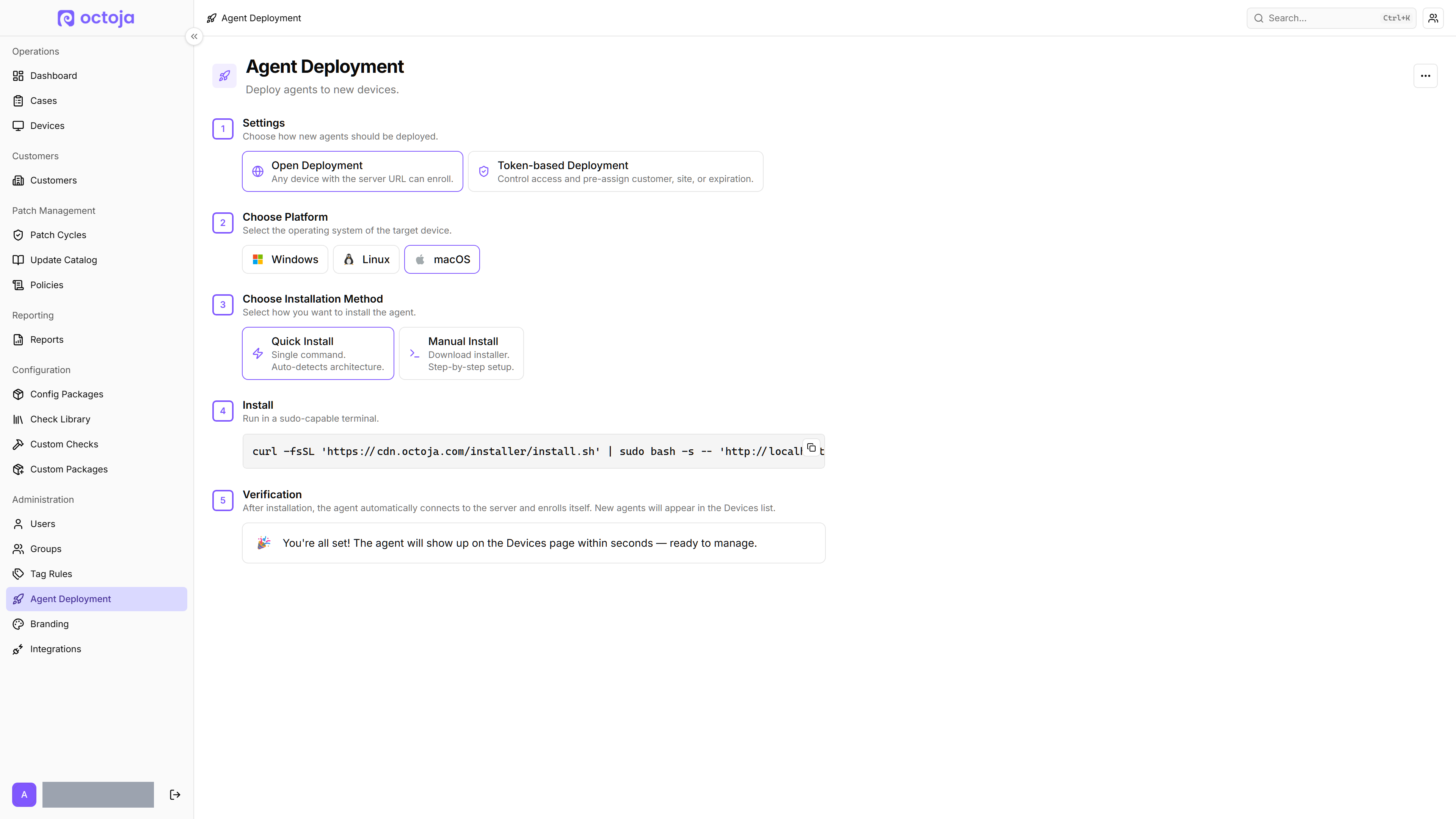 The octoja Agent Deployment page showing the five-step layout (Settings, Choose Platform, Choose Installation Method, Install, Verification) with macOS and Quick Install selected and the install command visible in the Step 4 Install card.
