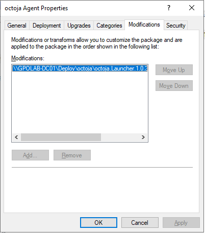 The Modifications tab of the octoja Agent Properties dialog. The Modifications list contains the UNC path of the octoja .mst transform on the network share.
