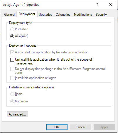 The Deployment tab of the octoja Agent Properties dialog. Deployment type Assigned is selected; under Deployment options, the check box Uninstall this application when it falls out of the scope of management is cleared.