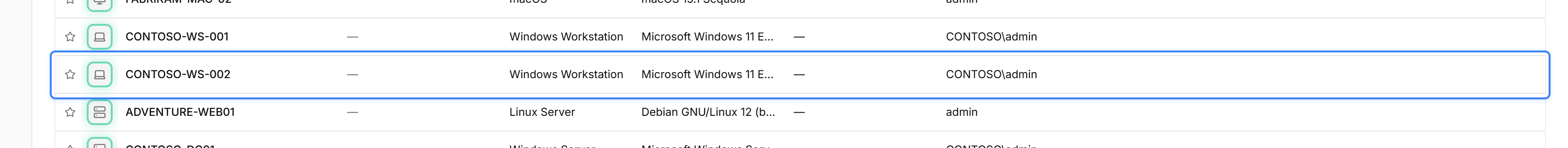 The octoja Devices table after enrollment. The Windows workstation CONTOSO-WS-002 is highlighted with the entire row outlined in blue; columns shown are Device, Status, Kind, Operating System, Customer and Last User.