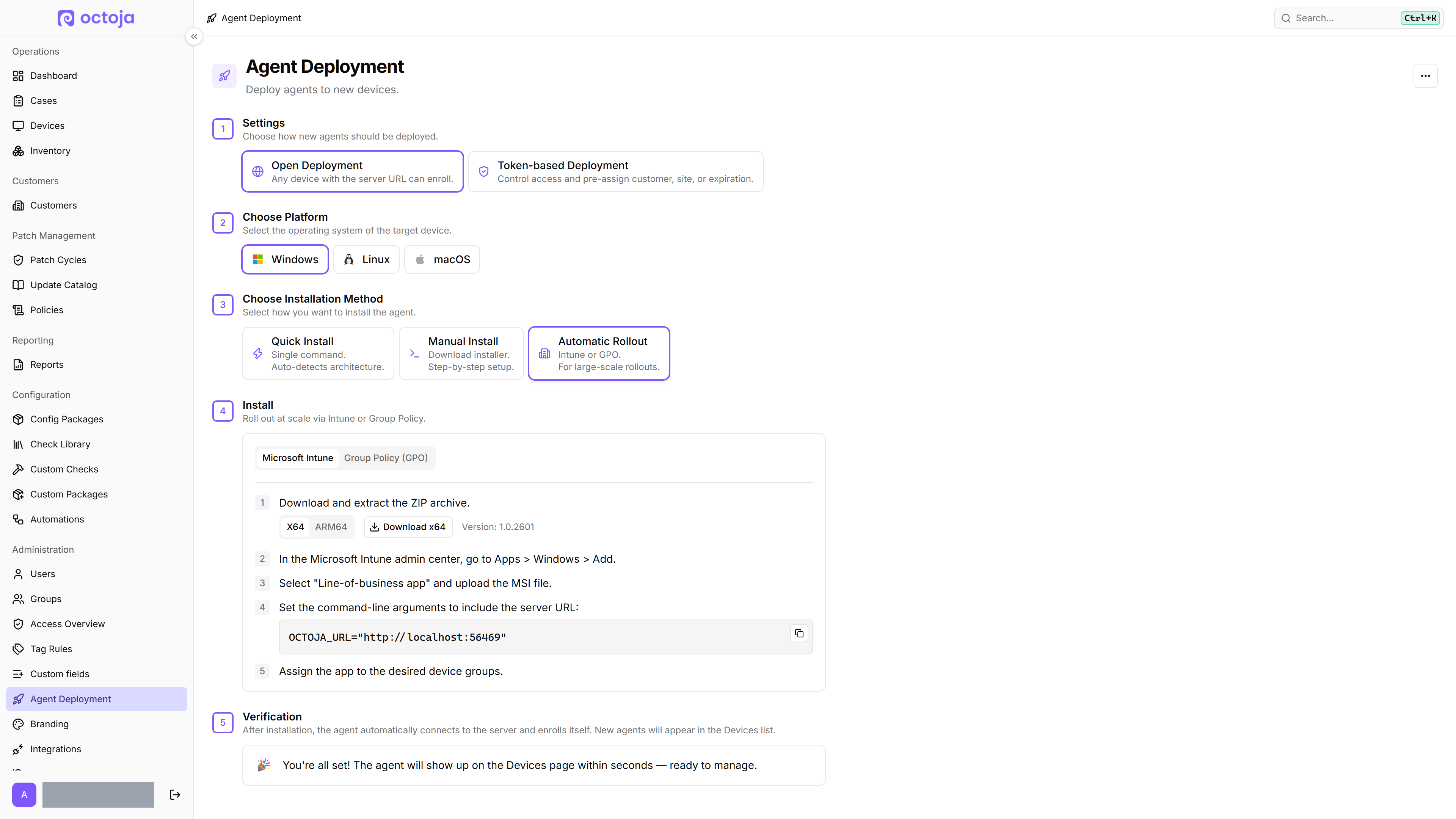 The Automatic Rollout card on the Agent Deployment page with Microsoft Intune selected, showing the numbered Intune steps and the copyable command-line arguments block containing the OCTOJA_URL property.