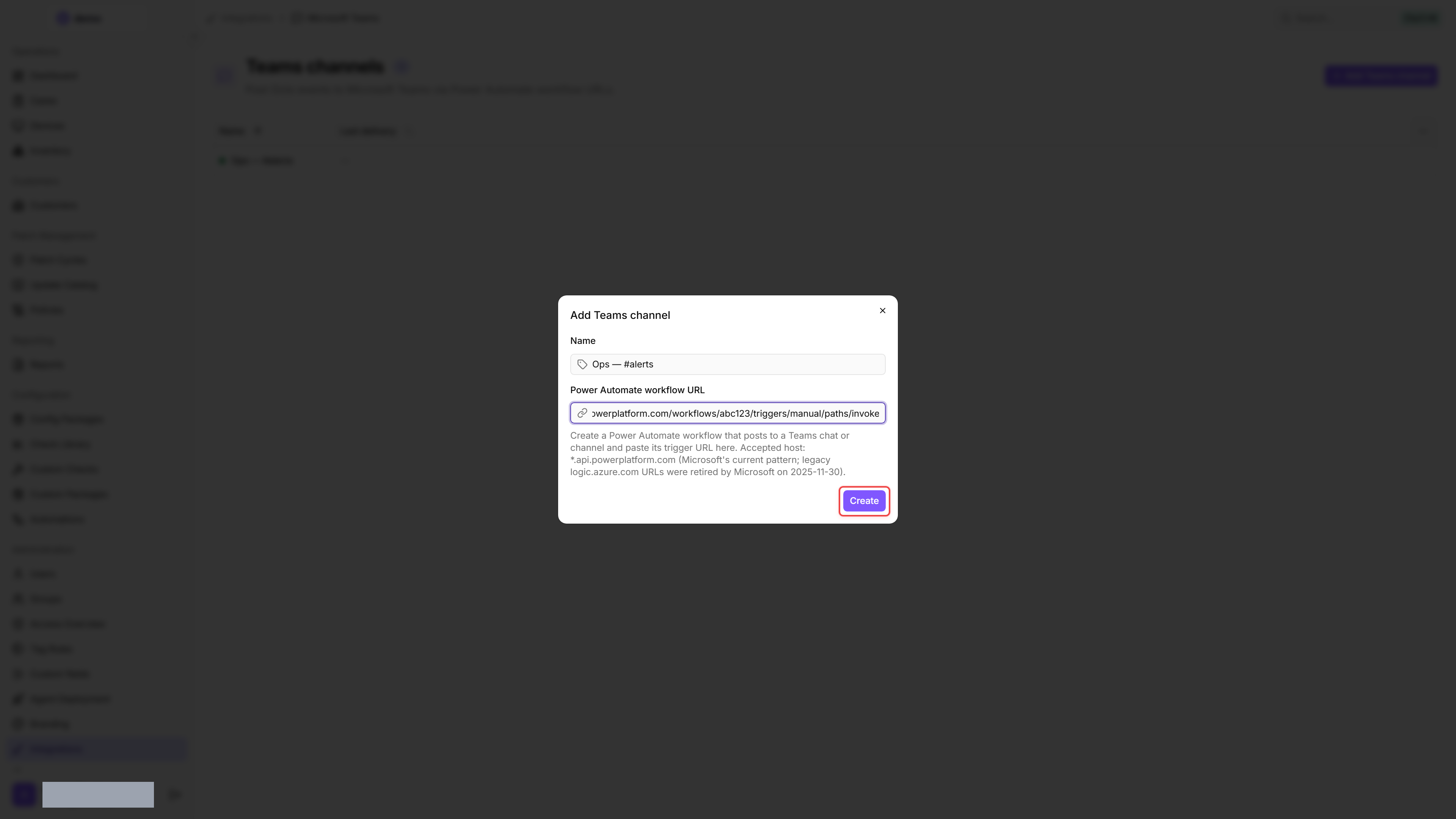 Add Teams channel dialog with Name set to Ops — #alerts and a Power Automate workflow URL ending in .api.powerplatform.com. The Create button is highlighted.