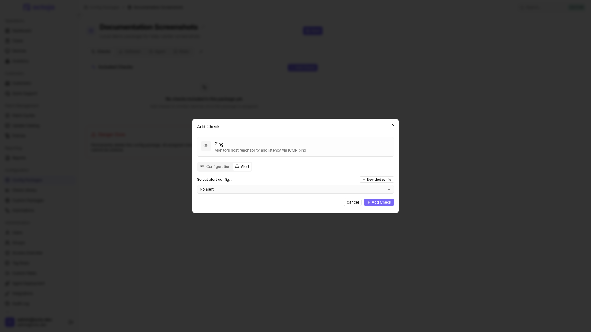 Config-package check editor on the Alert tab with the No alert selection and New alert config action
