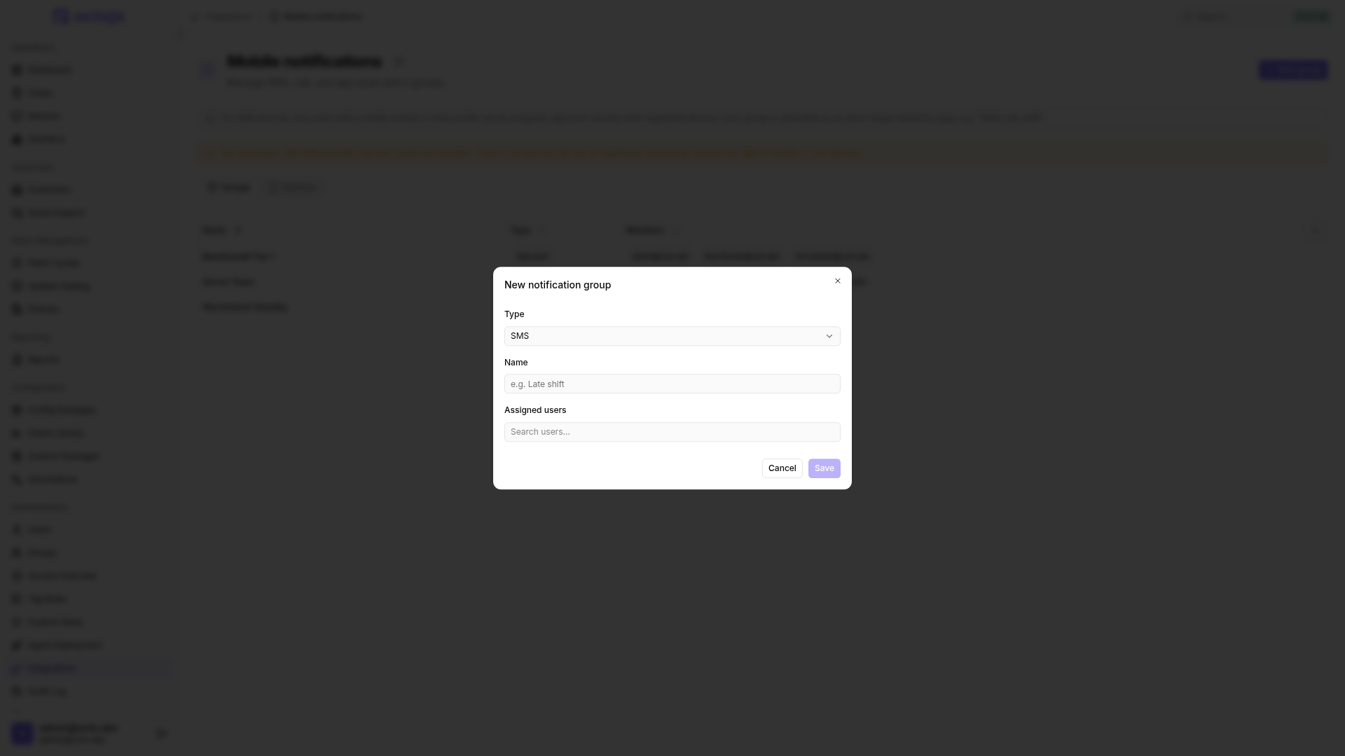 The New notification group dialog with Type, Name and Assigned users fields.