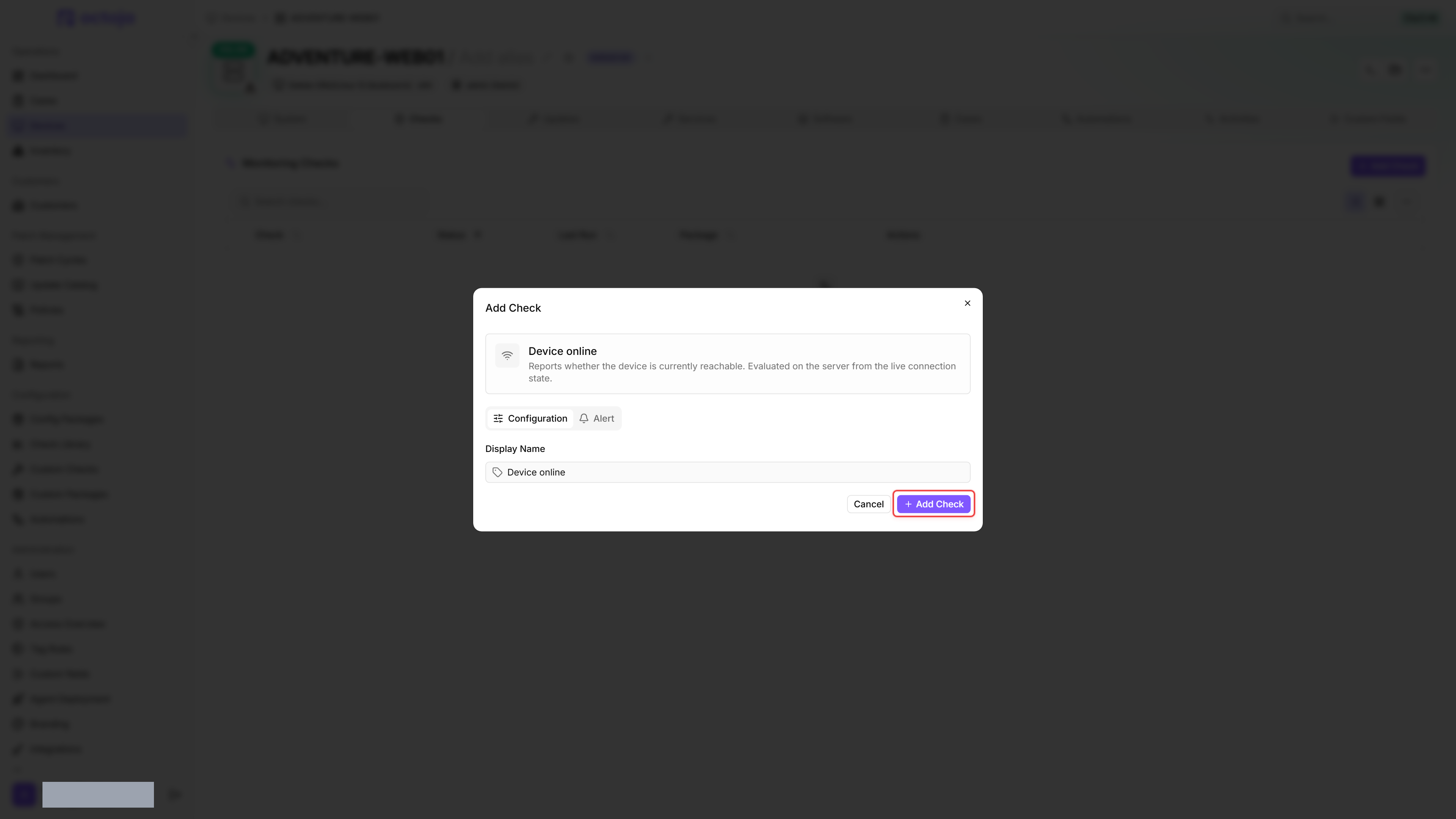 The Add Check dialog on ADVENTURE-WEB01 with the Device online check selected, showing the check summary and the Cancel and Add Check buttons at the bottom.