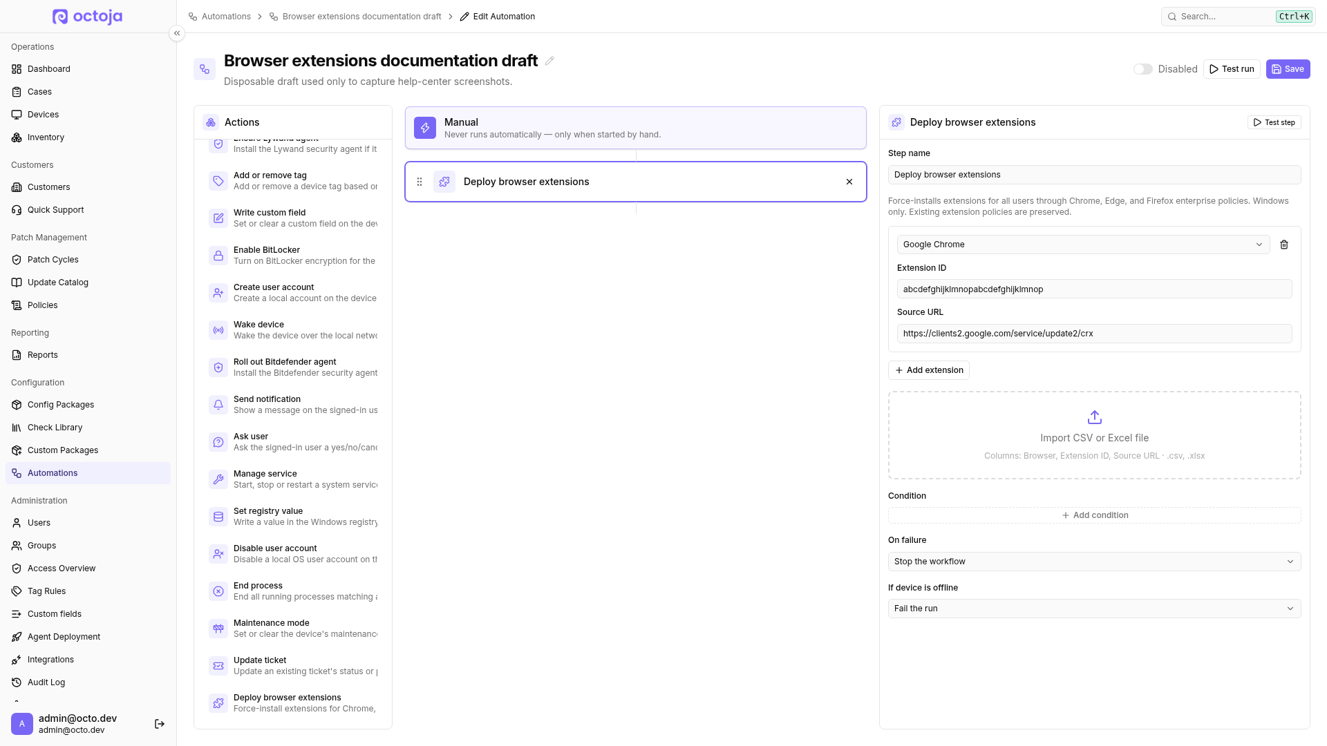 The disabled automation draft with the Deploy browser extensions step open. Its configuration shows Google Chrome, an extension ID, the Chrome Web Store source URL, and the Add extension and Import CSV or Excel file buttons.