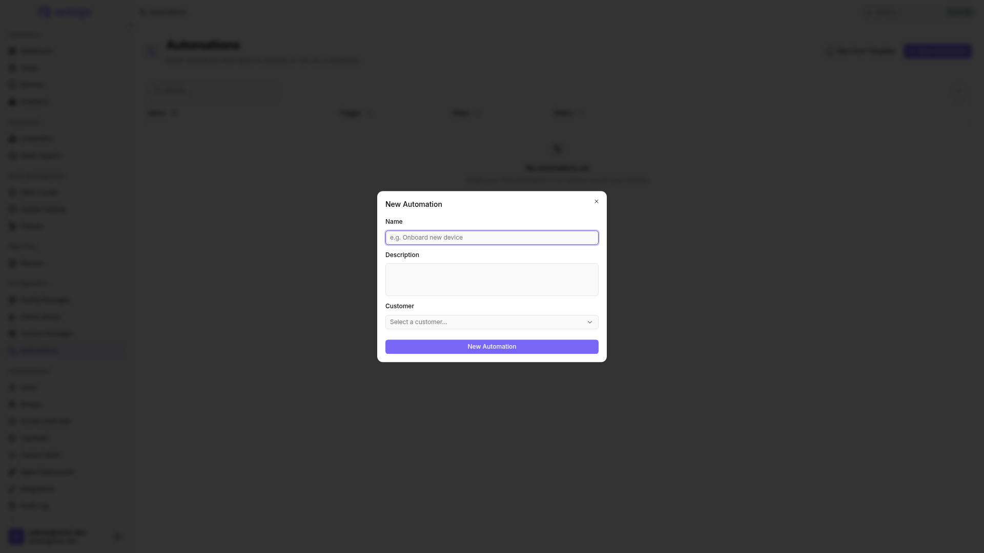 The Automations page with the New Automation dialog open for name, description, and customer.