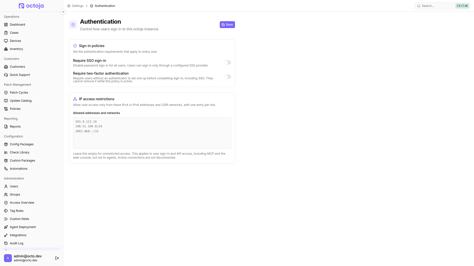 The Authentication settings with switches for SSO and two-factor sign-in and the IP access restrictions.
