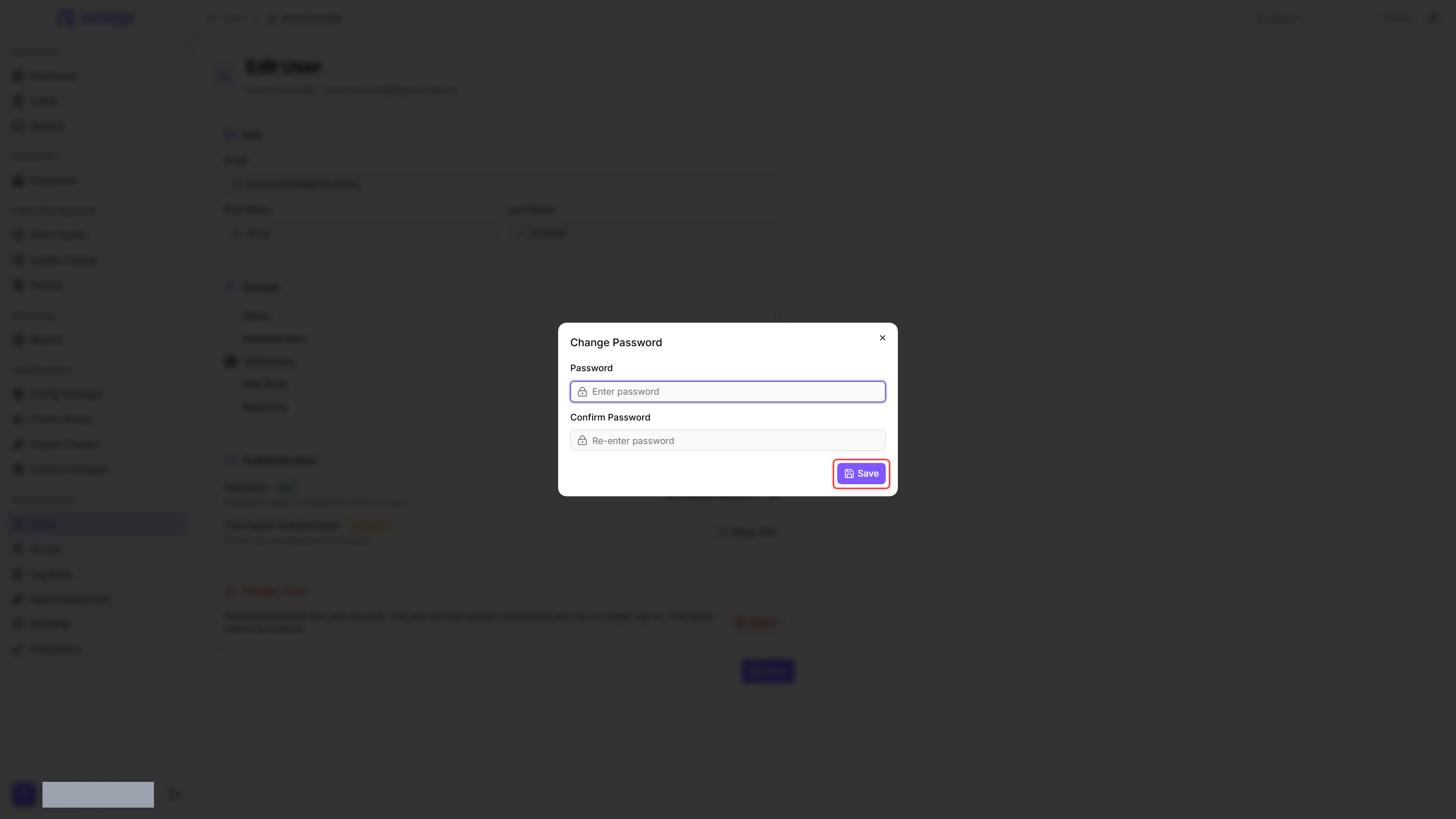 The octoja Change Password dialog with the Save button outlined.