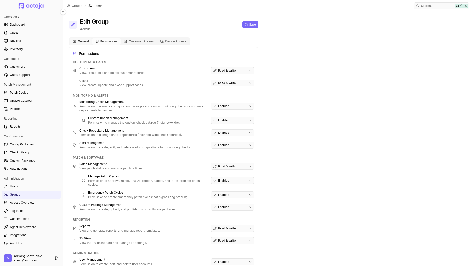 The Admin group's Permissions tab with access-level selectors grouped by feature area and the Save button.