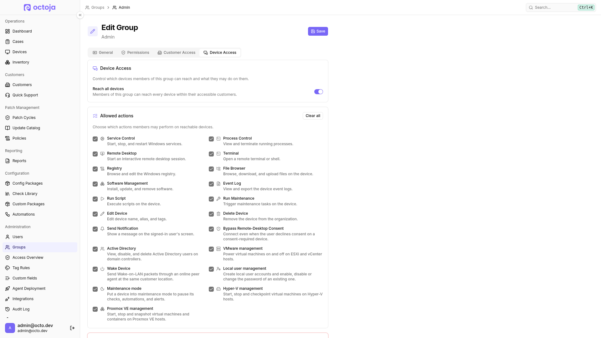 The Admin group detail page on the Device Access tab, showing the device selection and allowed device actions.