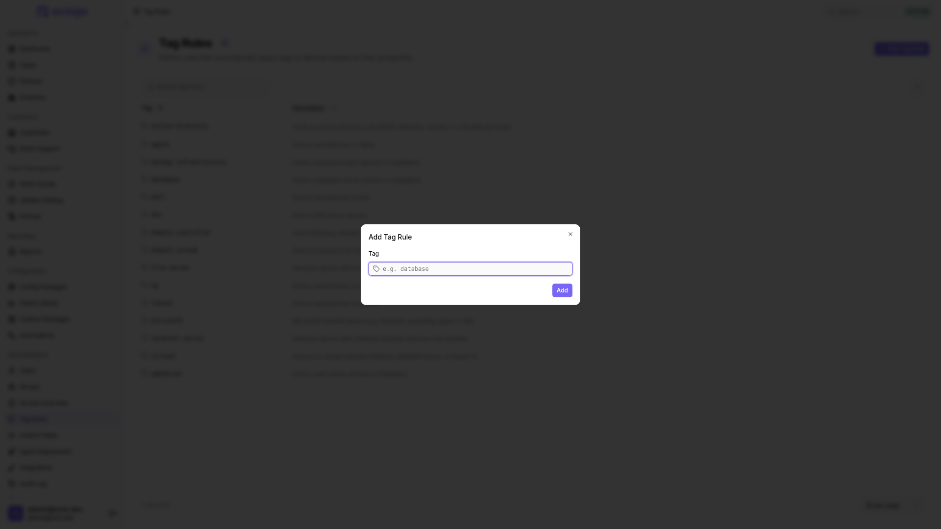 The Tag Rules page with existing rules and the Add Tag Rule dialog open.