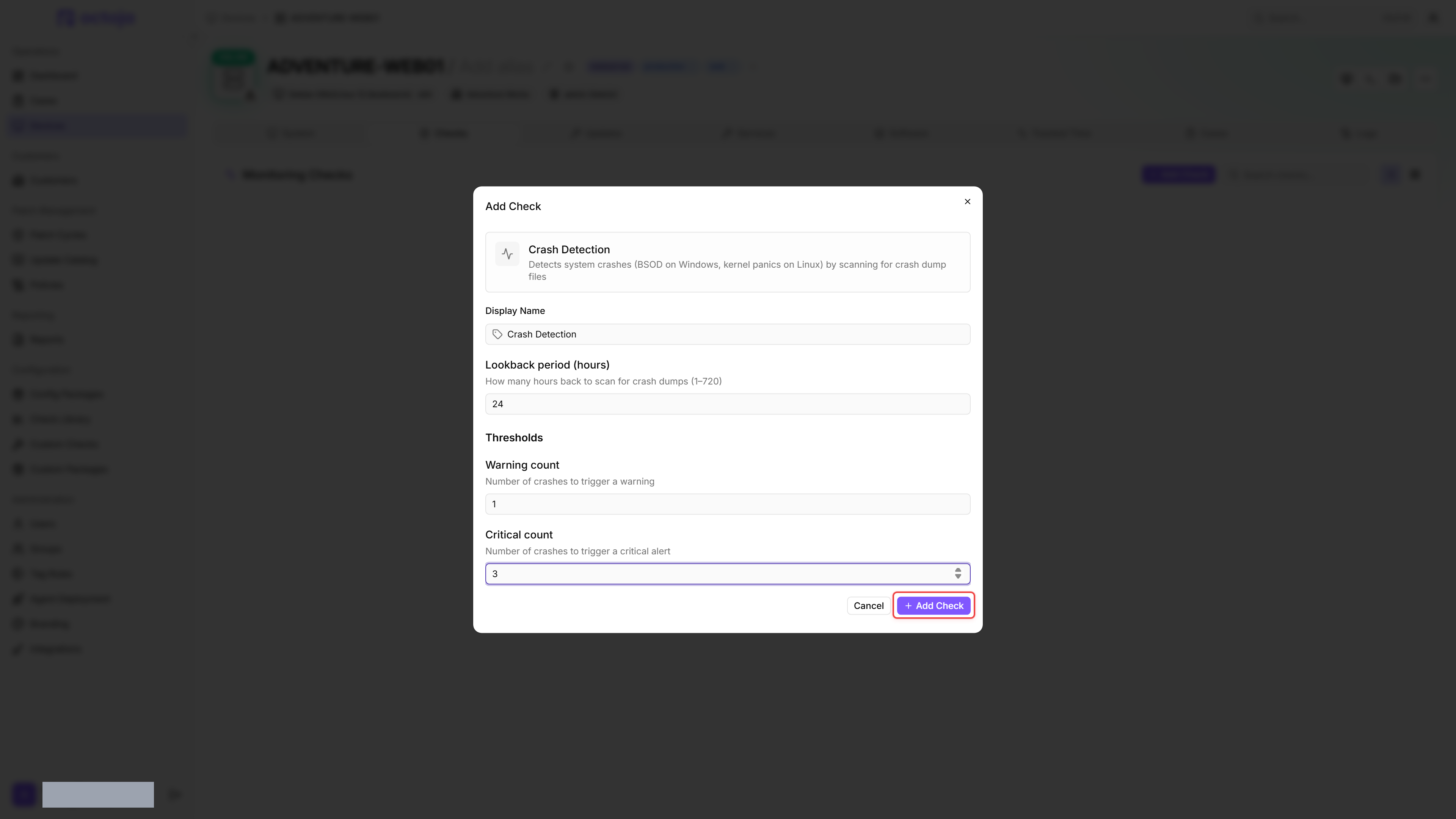 Add Check dialog for Crash Detection showing a 24 h lookback period with warning at 1 and critical at 3 crashes