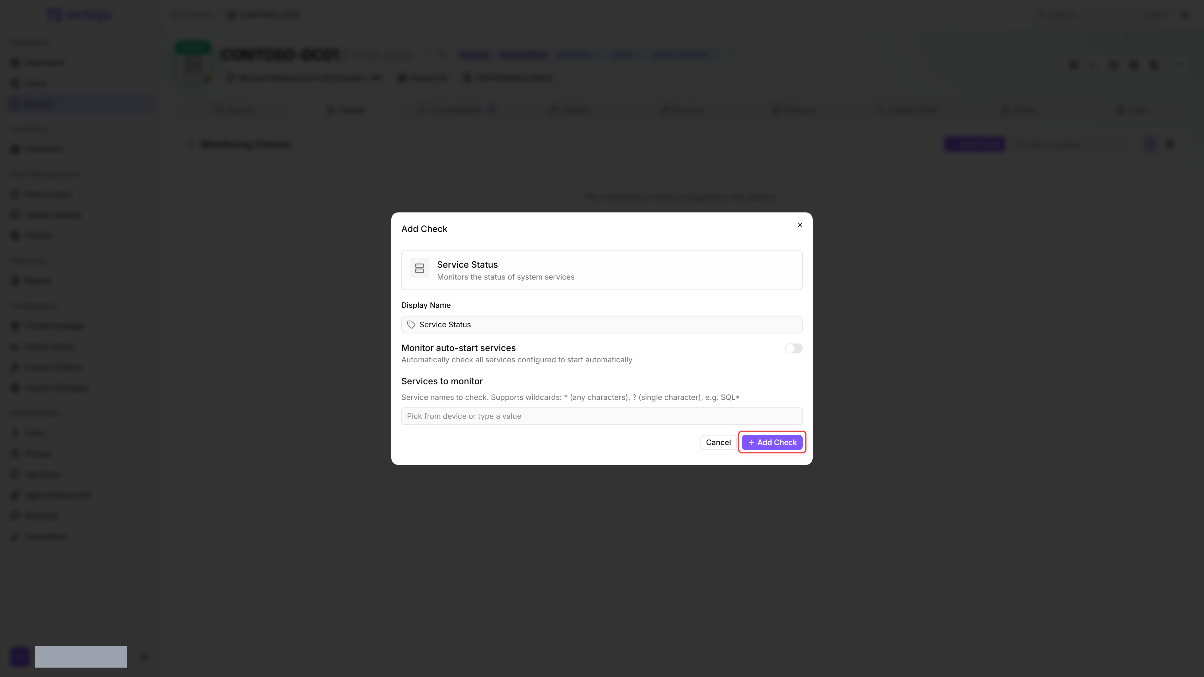 Service Status check editor with the Monitor auto-start services toggle, the Services to monitor list, and the Add Check button outlined in red