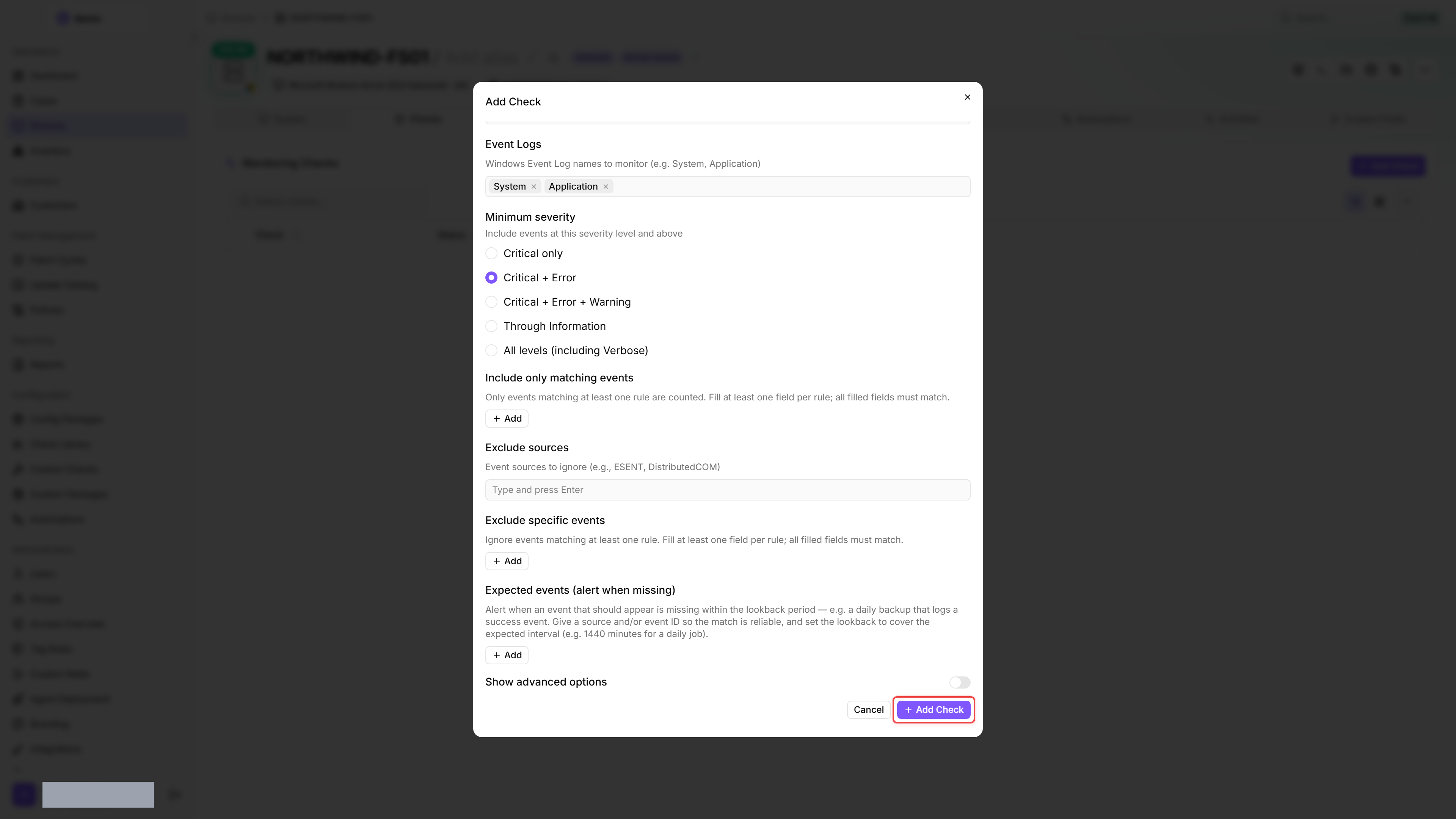 Event Log check editor on NORTHWIND-FS01 with the Add Check confirm button highlighted