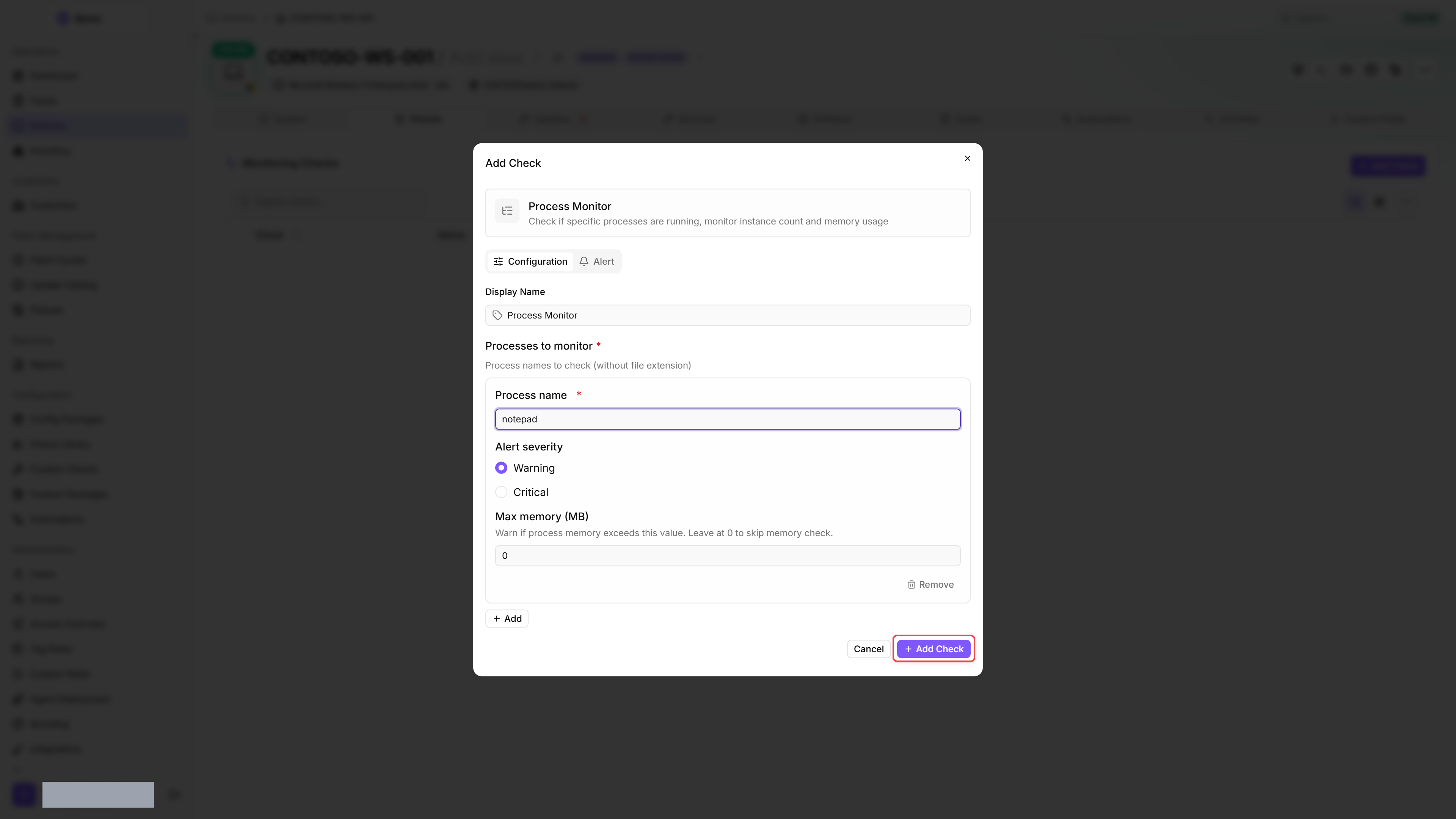 Add Check dialog: Process Monitor with notepad added to the Processes-to-monitor list, Add Check button enabled and highlighted.