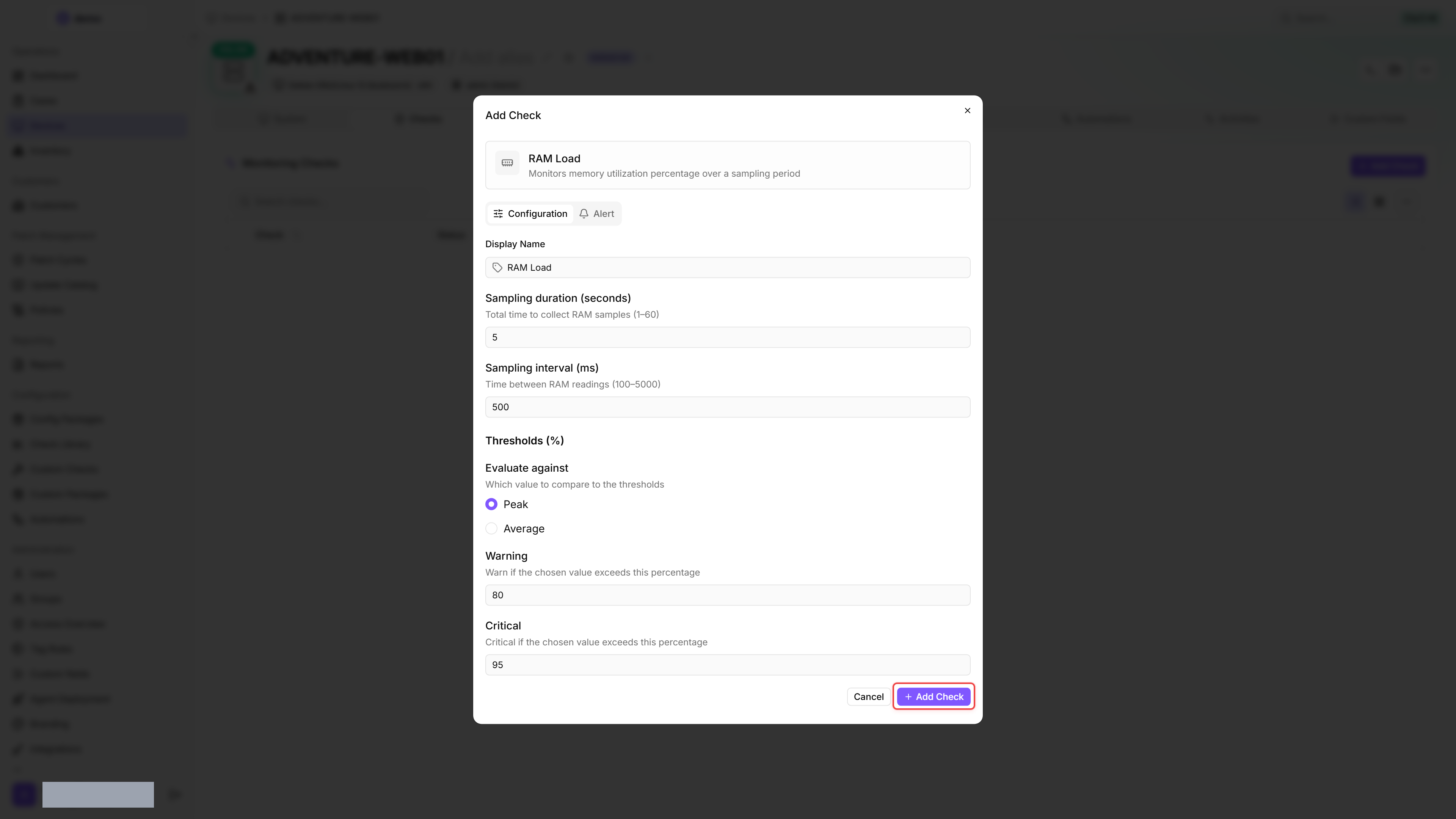 The Add Check dialog with the RAM Load editor open on CONTOSO-DC01 — Display Name "RAM Load", Sampling duration 5 seconds, Sampling interval 500 ms, Evaluate against set to Peak, Warning threshold 80, Critical threshold 95, Cancel and Add Check buttons at the bottom.