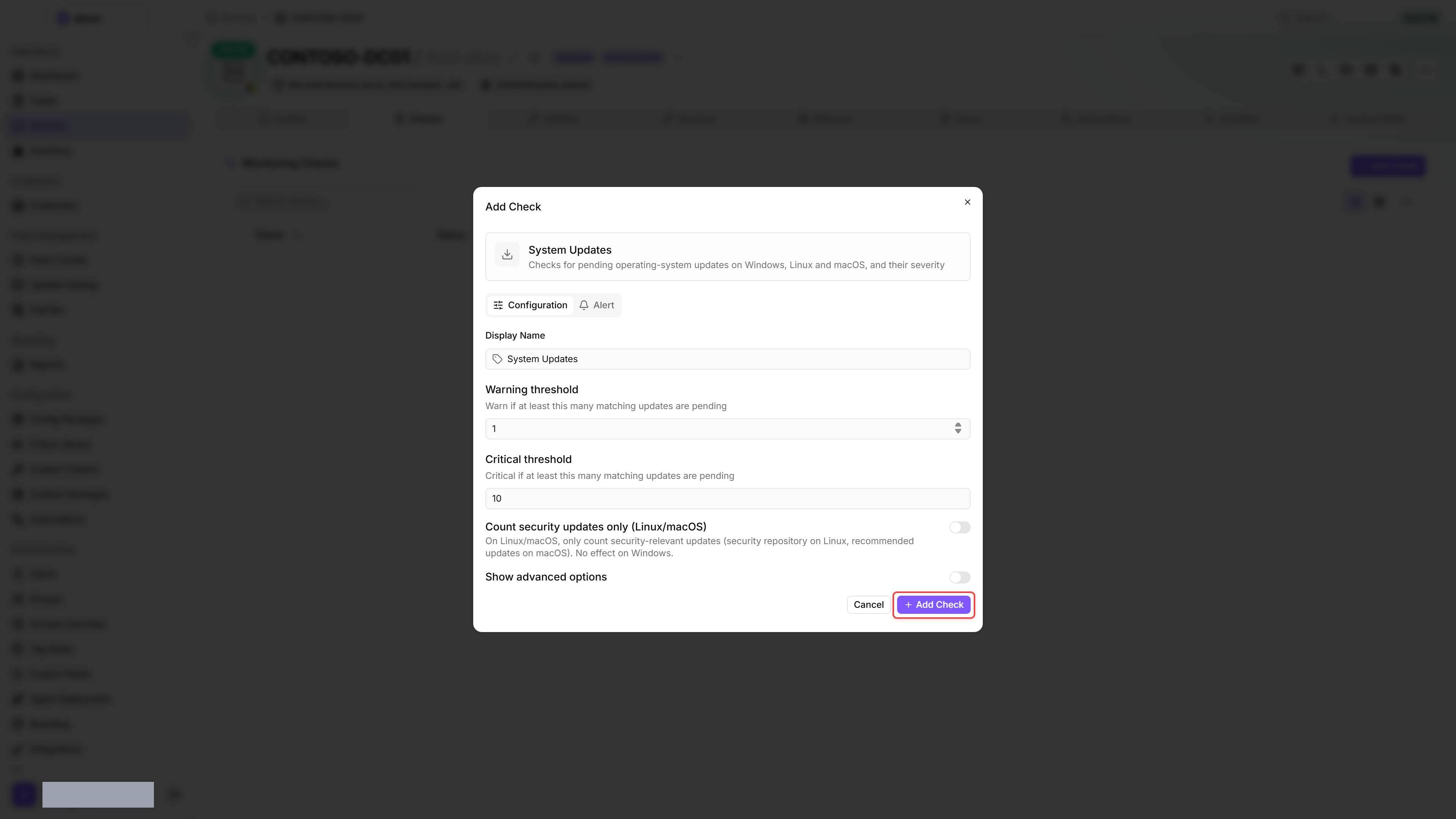 Add Check dialog: System Updates, warning threshold 1, critical threshold 10, Count security updates only (Linux/macOS) and Show advanced options switched off