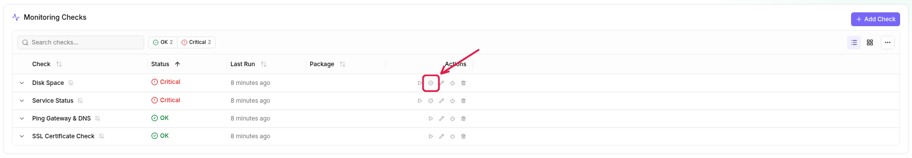 The Checks tab of a demo device: a red outline and arrow highlight the checkmark icon for acknowledging the result in the first row
