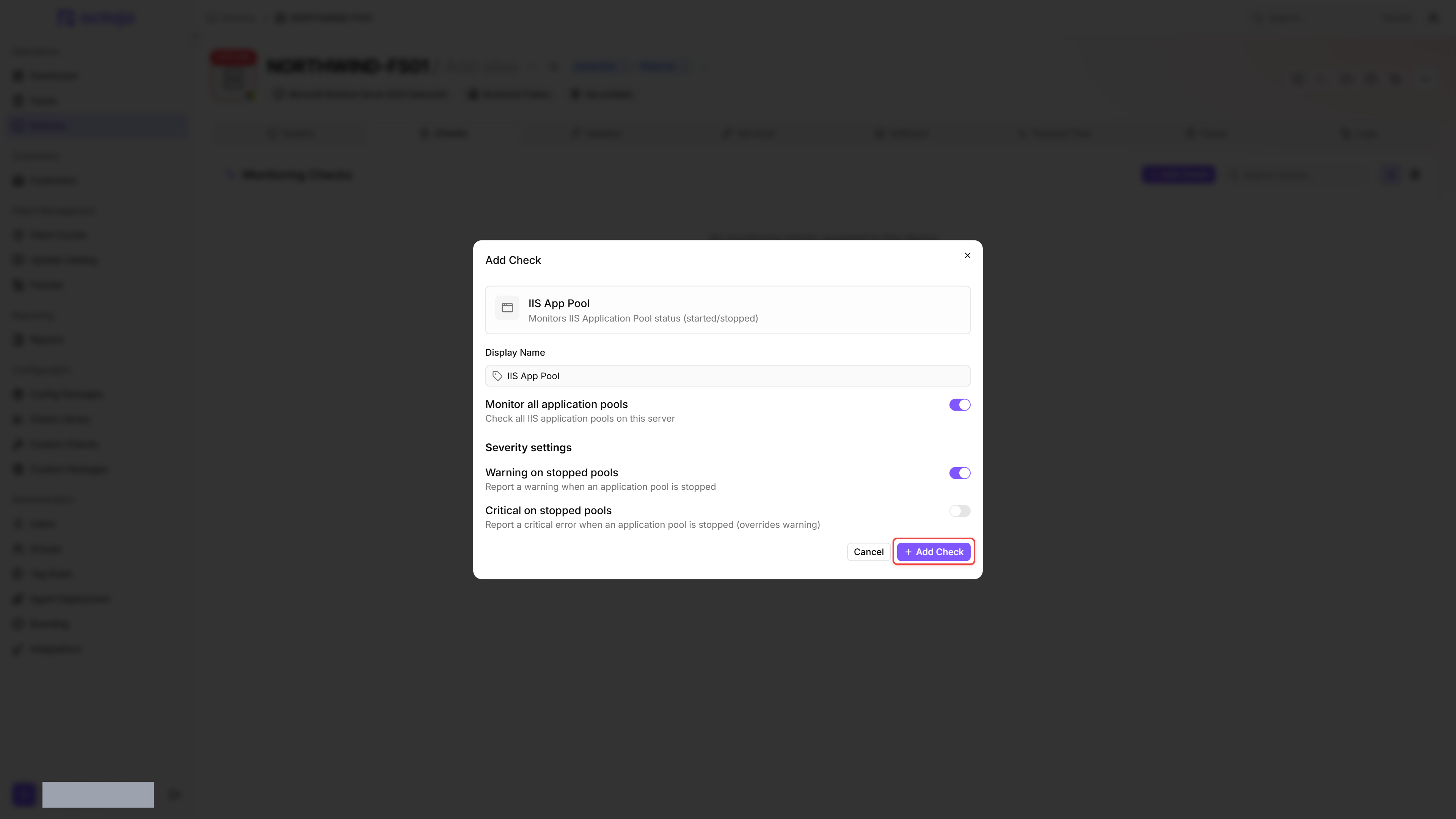 IIS App Pool check editor dialog with the Add Check button outlined in red