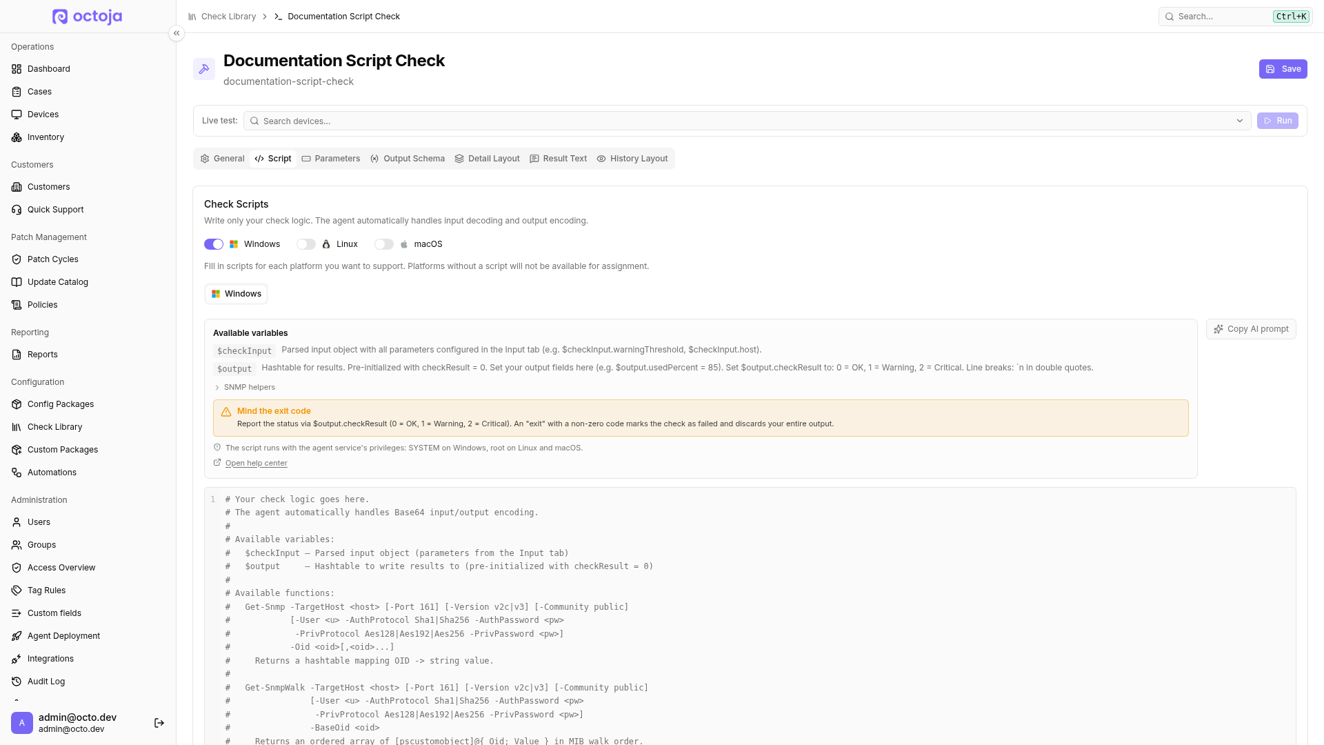 Custom check Script editor with the Windows platform enabled, the PowerShell editor, and available-variable guidance