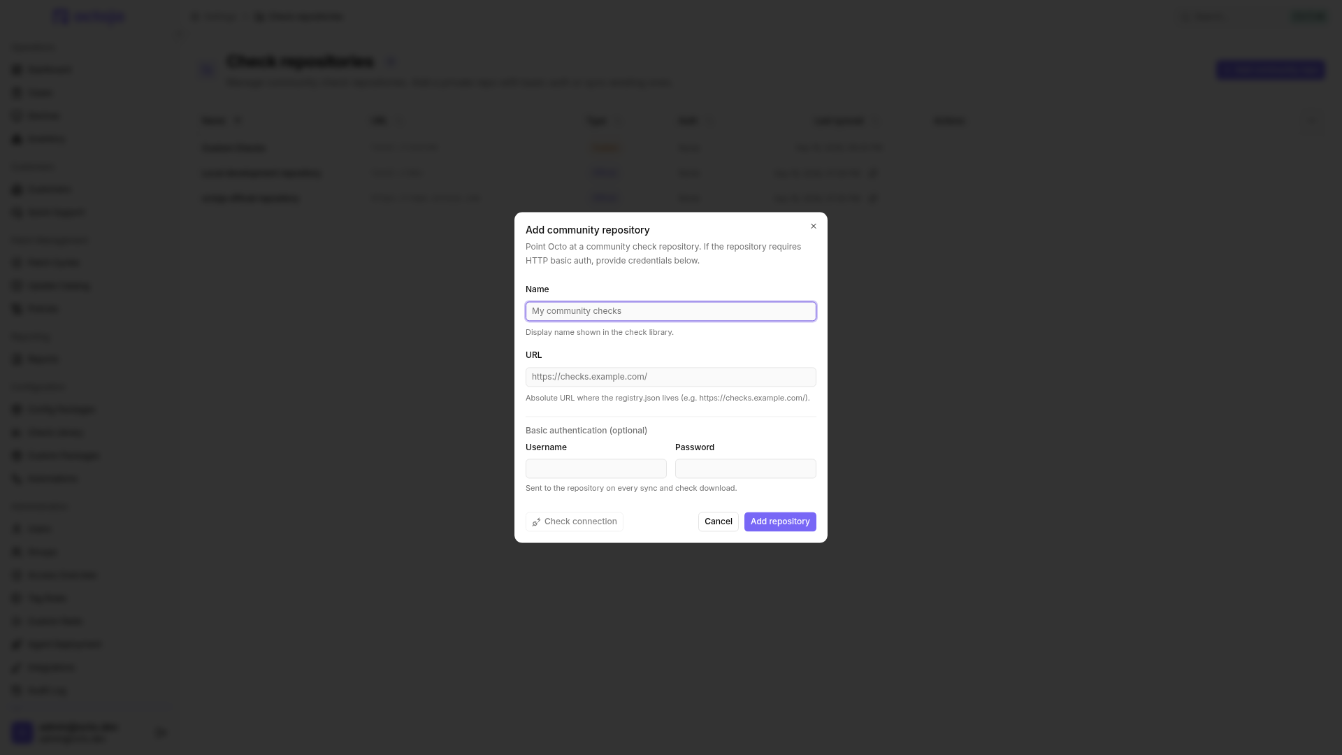 The Add community repository dialog with Name and URL fields, optional basic authentication, and actions to check and add the repository.