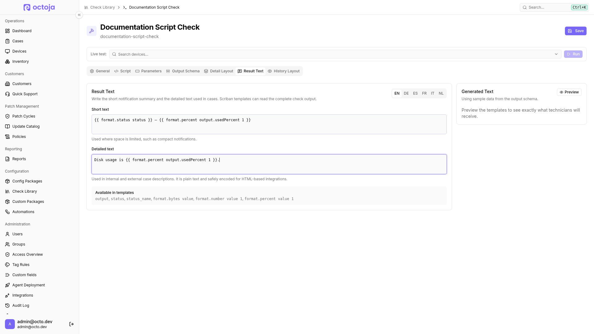 Custom check Result Text editor with short and detailed templates, language tabs, and the Preview action