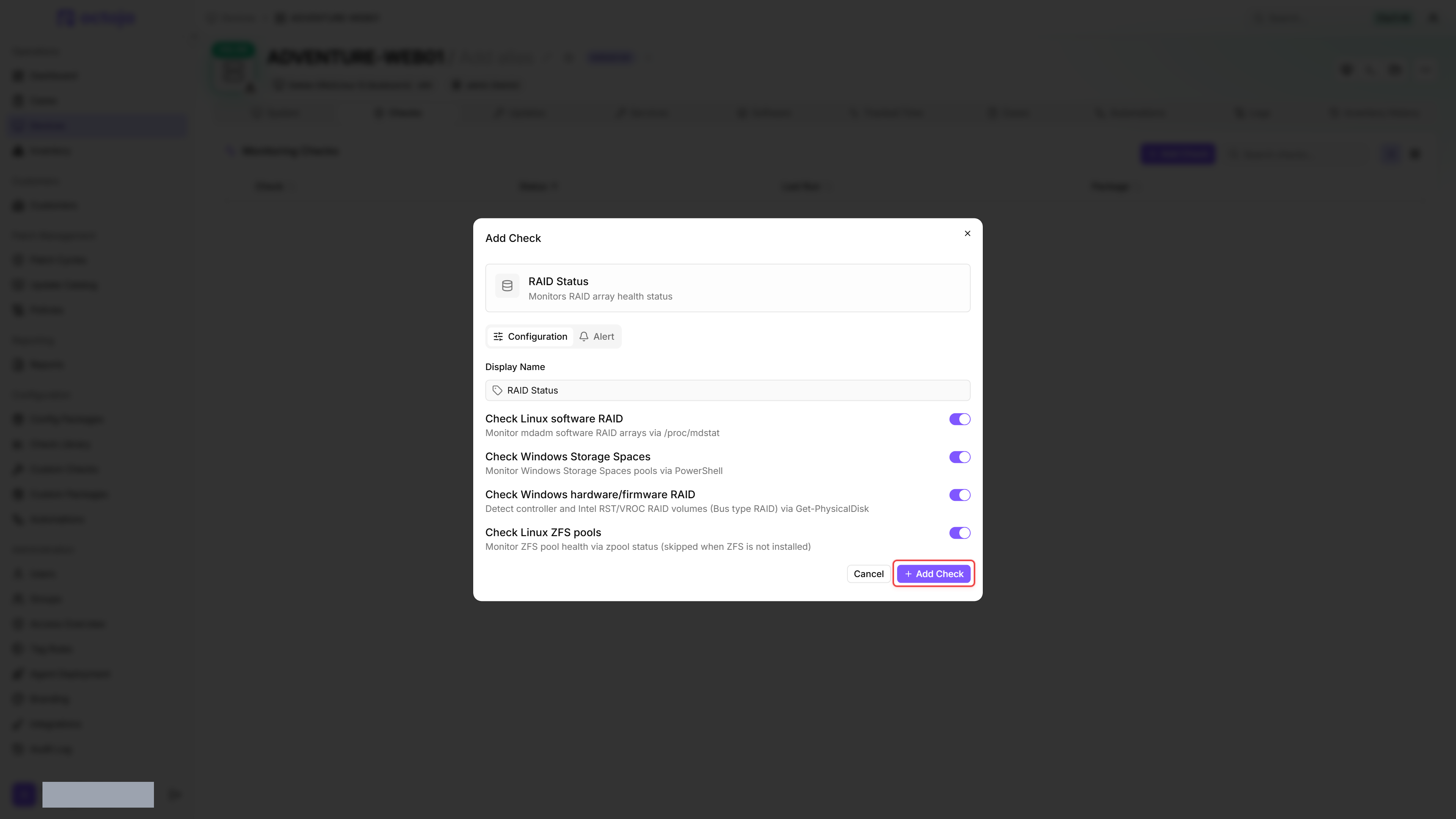 Add Check dialog for RAID Status, showing the Configuration and Alert tabs, a Display Name field, and four enabled toggles — Check Linux software RAID, Check Windows Storage Spaces, Check Windows hardware/firmware RAID, and Check Linux ZFS pools — with the Add Check button highlighted.