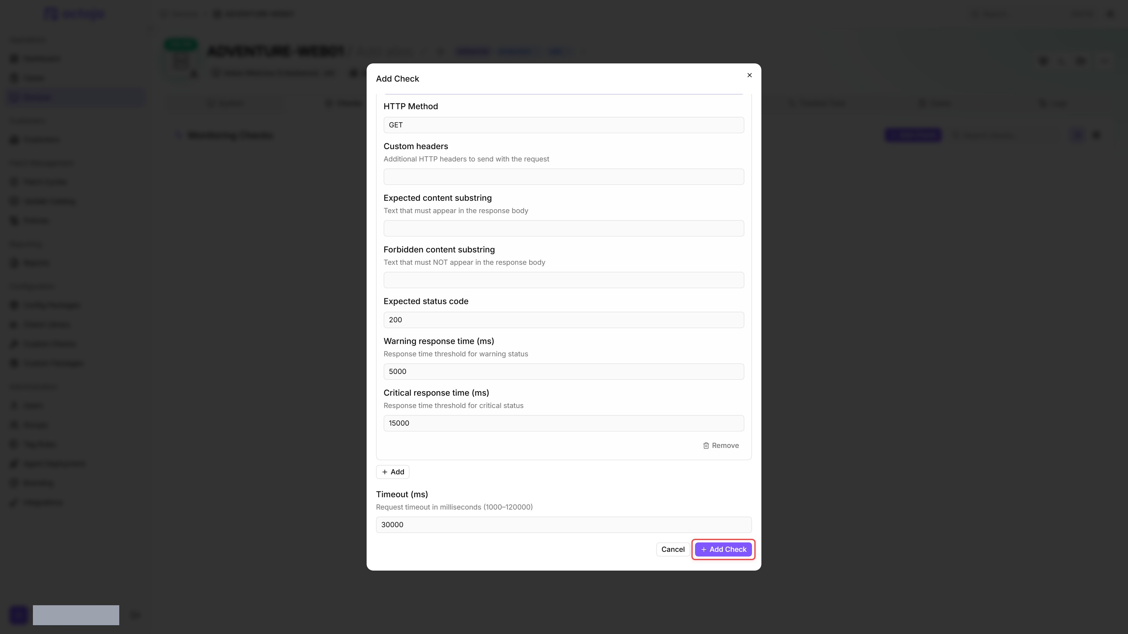 Add Check dialog with the HTTP Content Check editor scrolled to the lower fields — HTTP Method, Expected status code, Expected and Forbidden content substring, Warning/Critical response time at their defaults, with the Add Check confirm button highlighted at the bottom