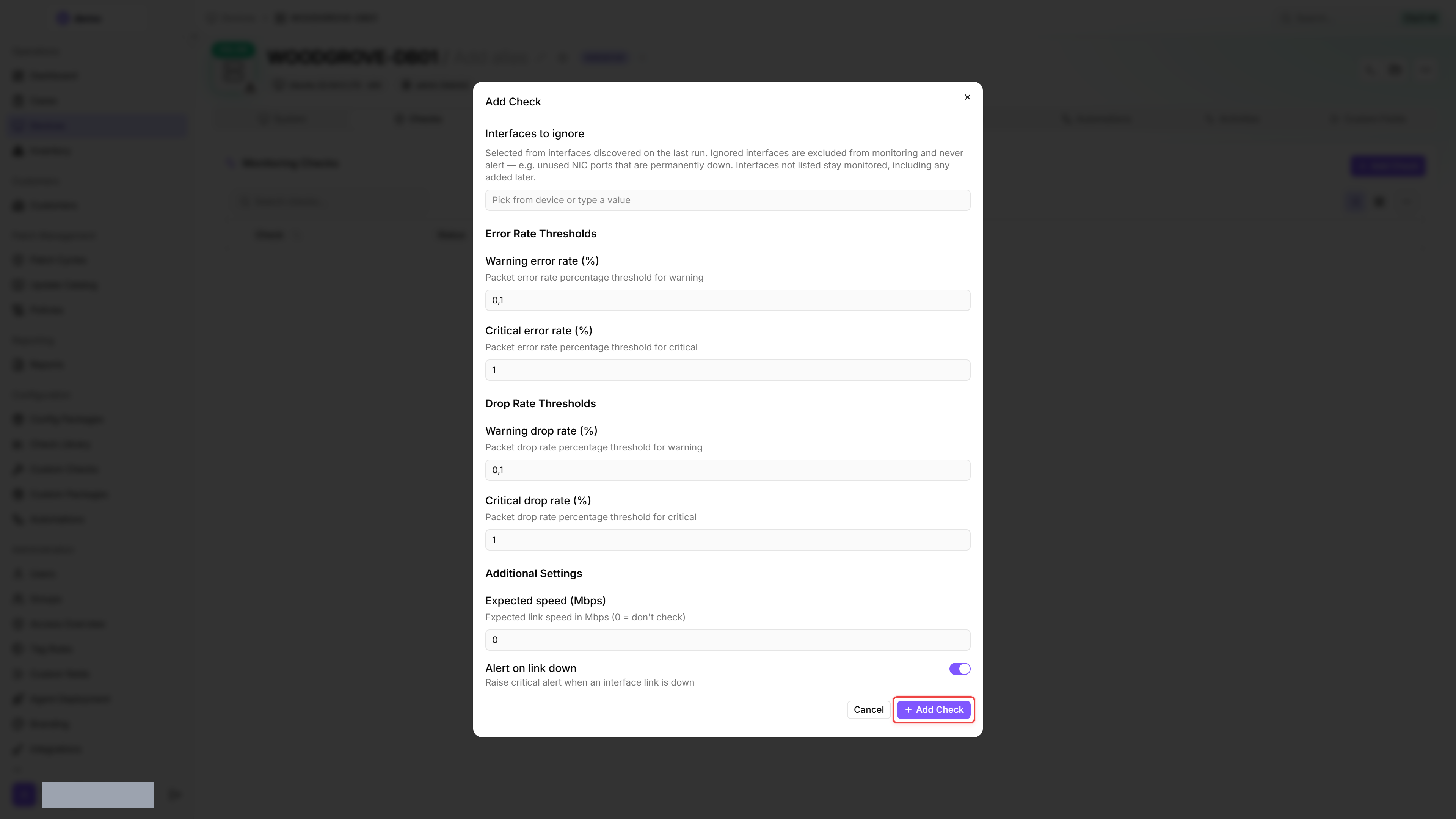 Add Check dialog with the Network Interface editor showing Interface names, Exclude virtual adapters, Error Rate and Drop Rate thresholds, Expected speed, and Alert on link down