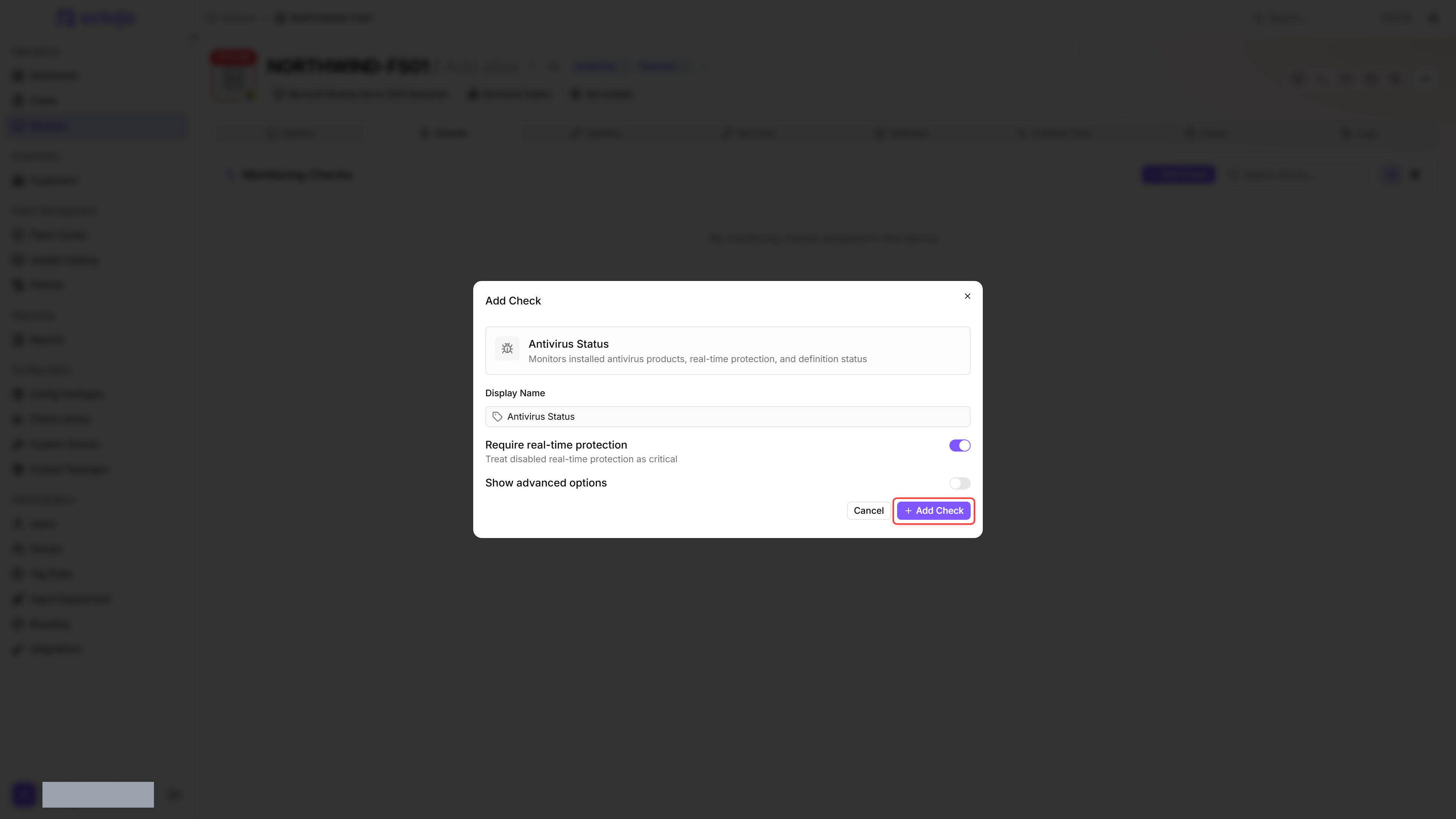Antivirus Status check editor dialog with the Add Check button outlined