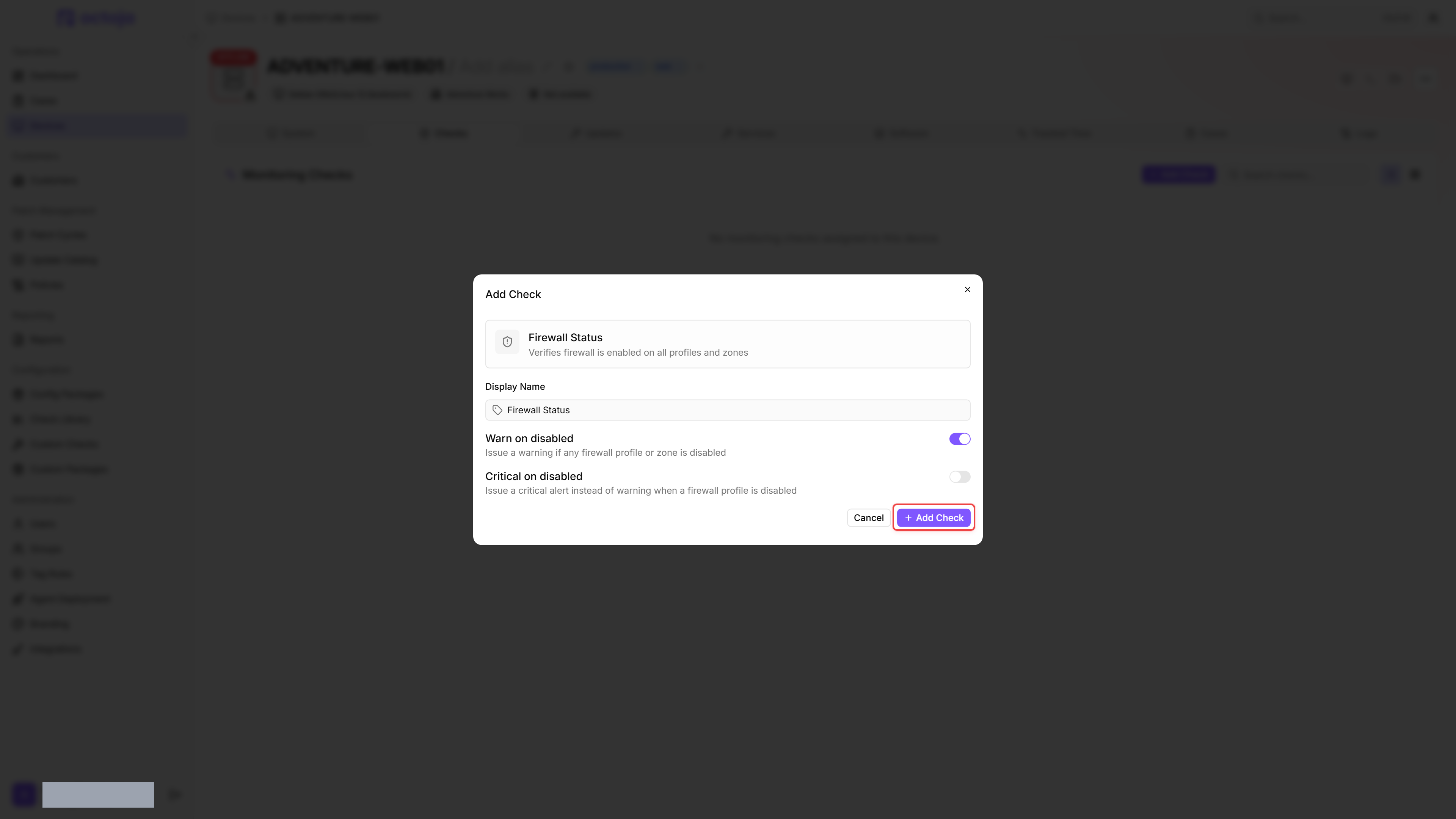 Firewall Status check editor with the Add Check button outlined