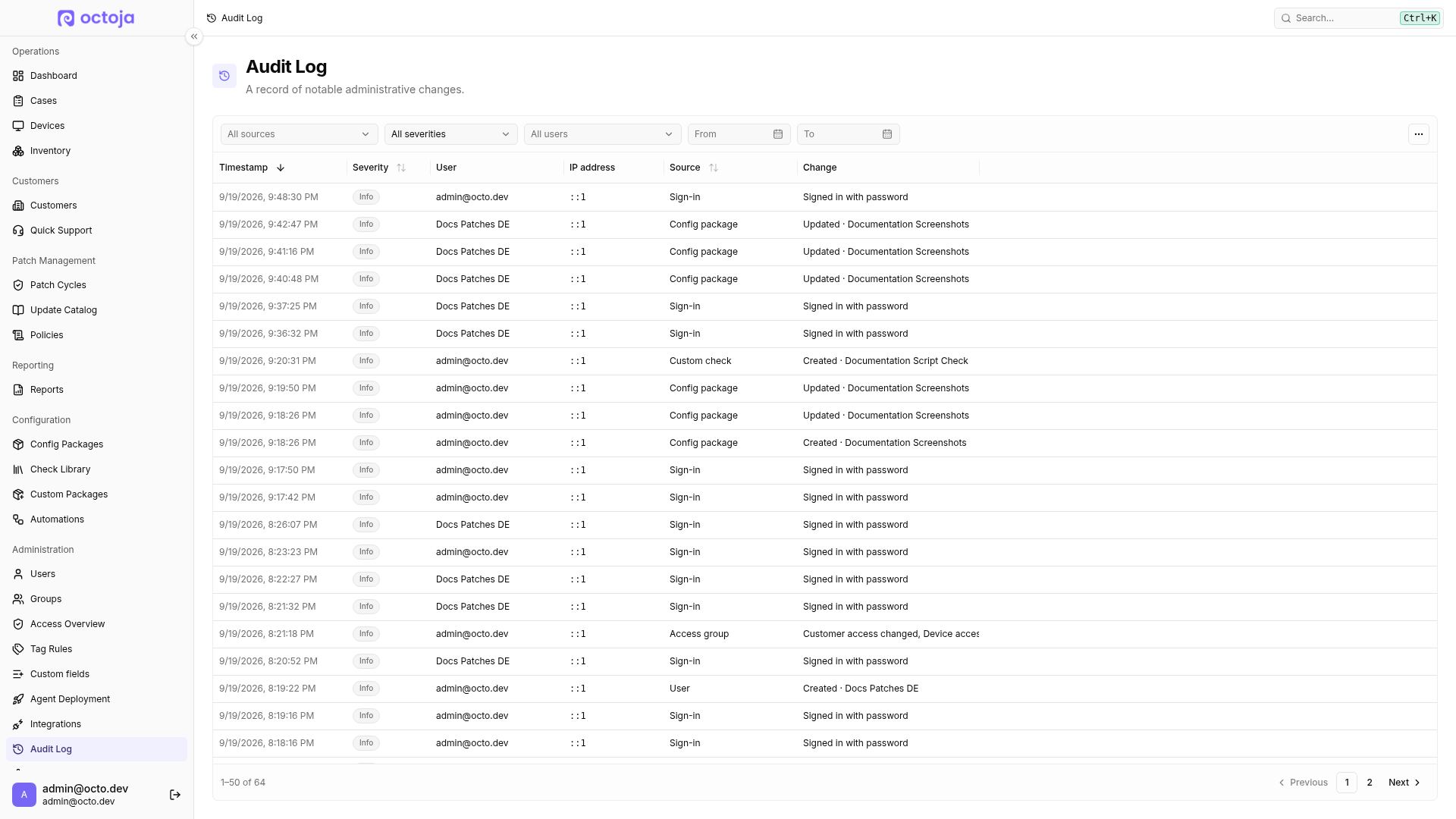 The populated Audit Log with filters and entries for sign-ins and administrative changes.