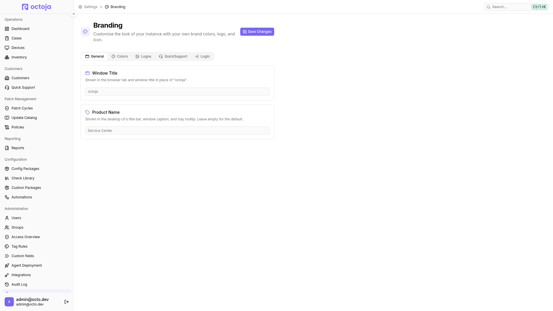 The Branding settings page on the General tab, showing the Window Title and Product Name fields and tabs for other branding settings.