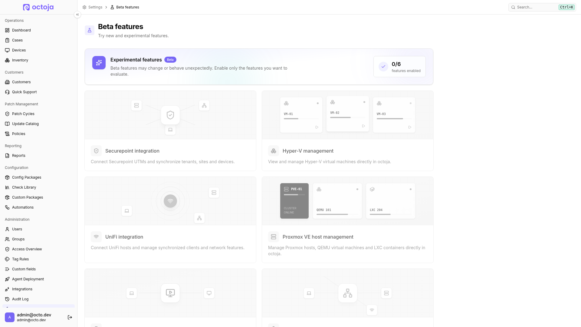 The Beta features page with the enabled-feature count and cards for Securepoint, Hyper-V, UniFi and Proxmox VE.