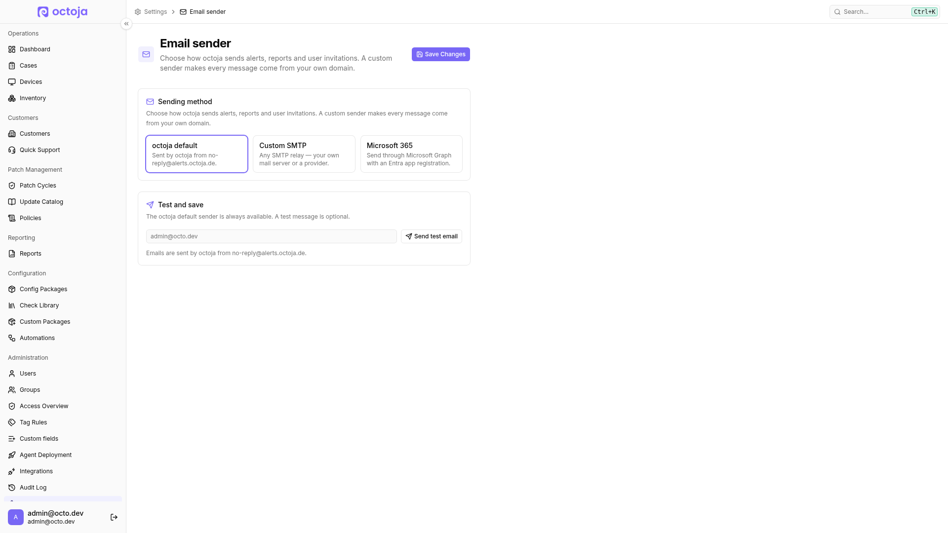 The Email sender page with octoja default, Custom SMTP, and Microsoft 365 sending methods.