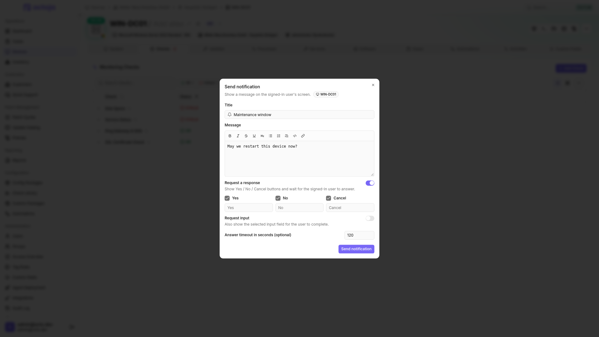 The Send notification dialog with response collection enabled.