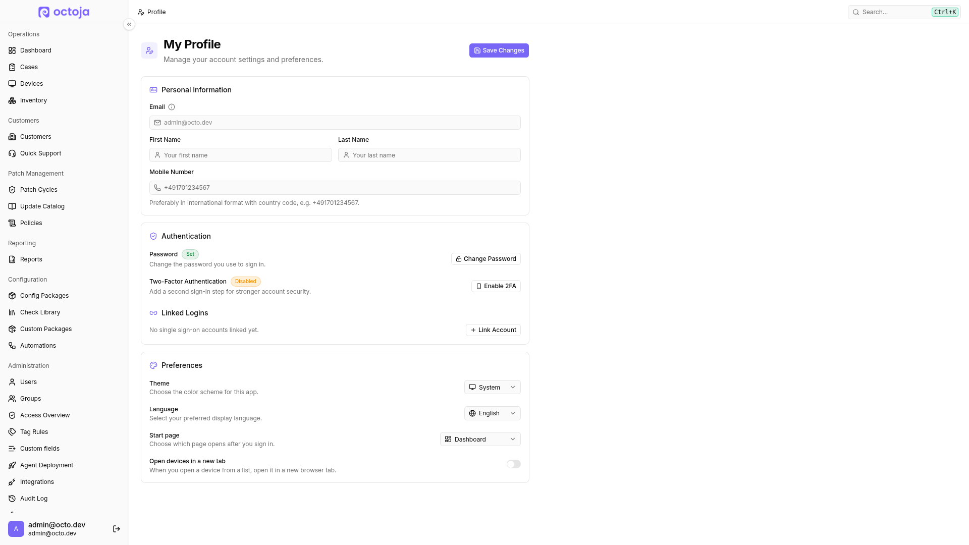 The profile page with the Preferences section for theme, language, start page and opening devices in a new tab.