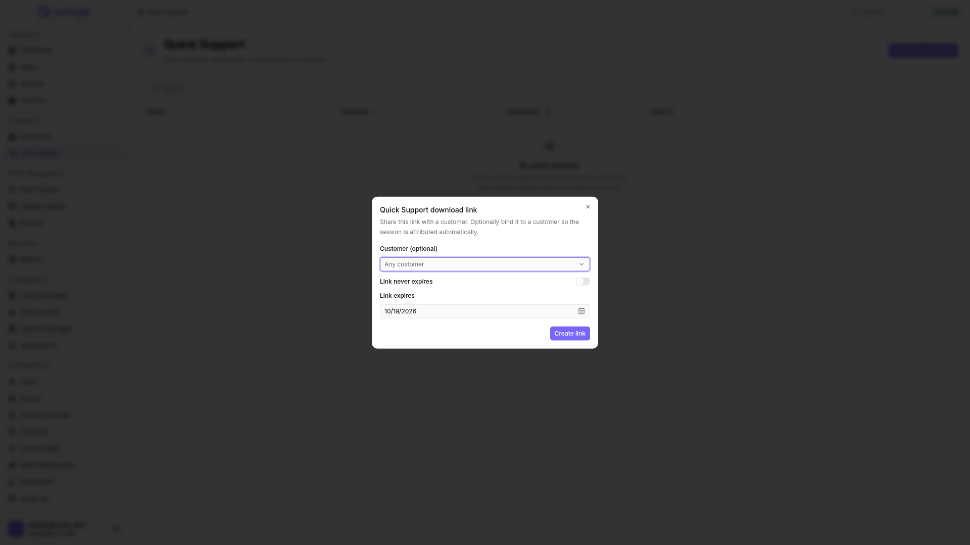 The Quick Support download link dialog with an optional customer, an expiry date, and the Link never expires option.