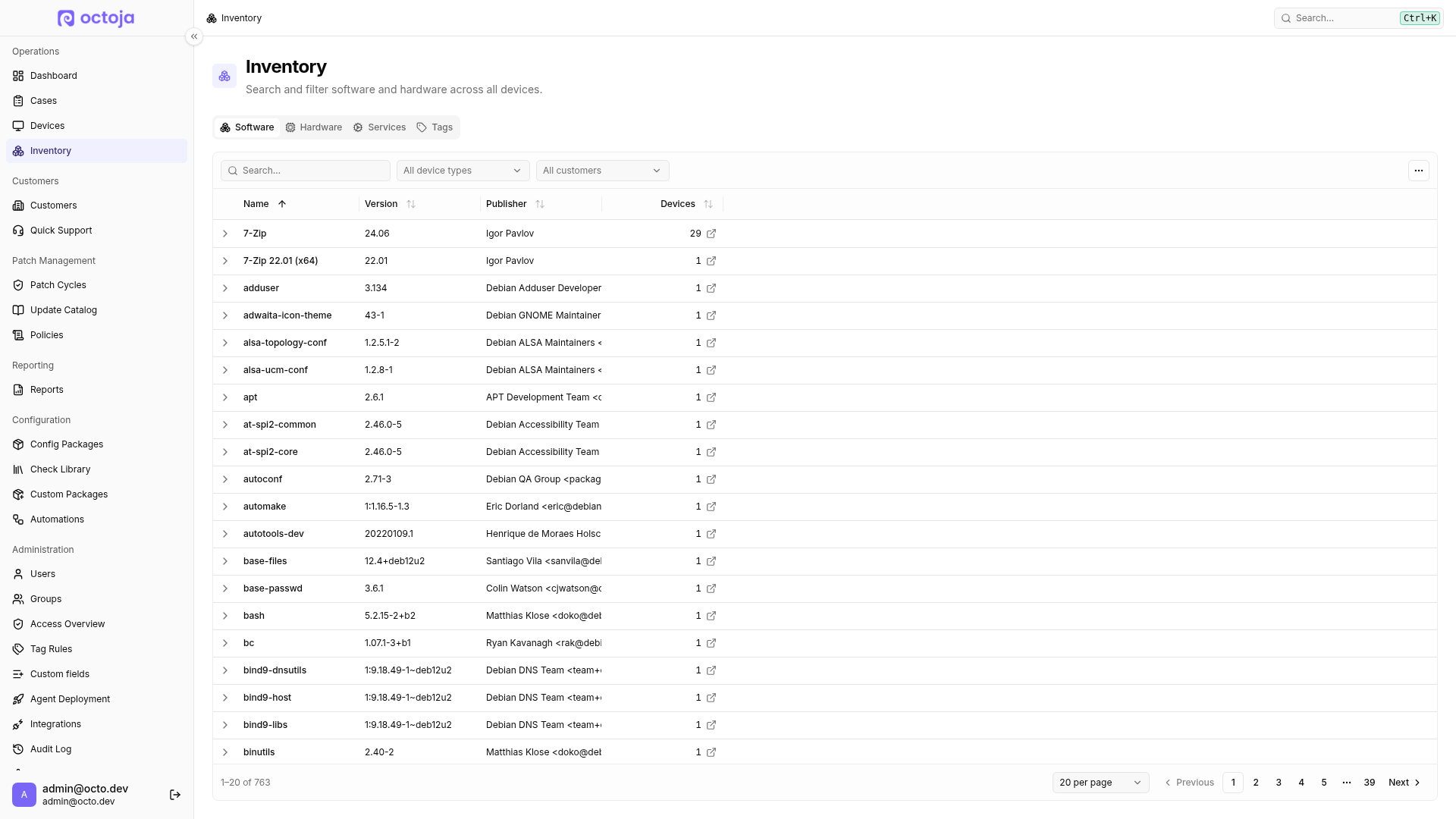 The Inventory page on the Software tab with the fleet-wide software table and the Hardware, Services, and Tags tabs.