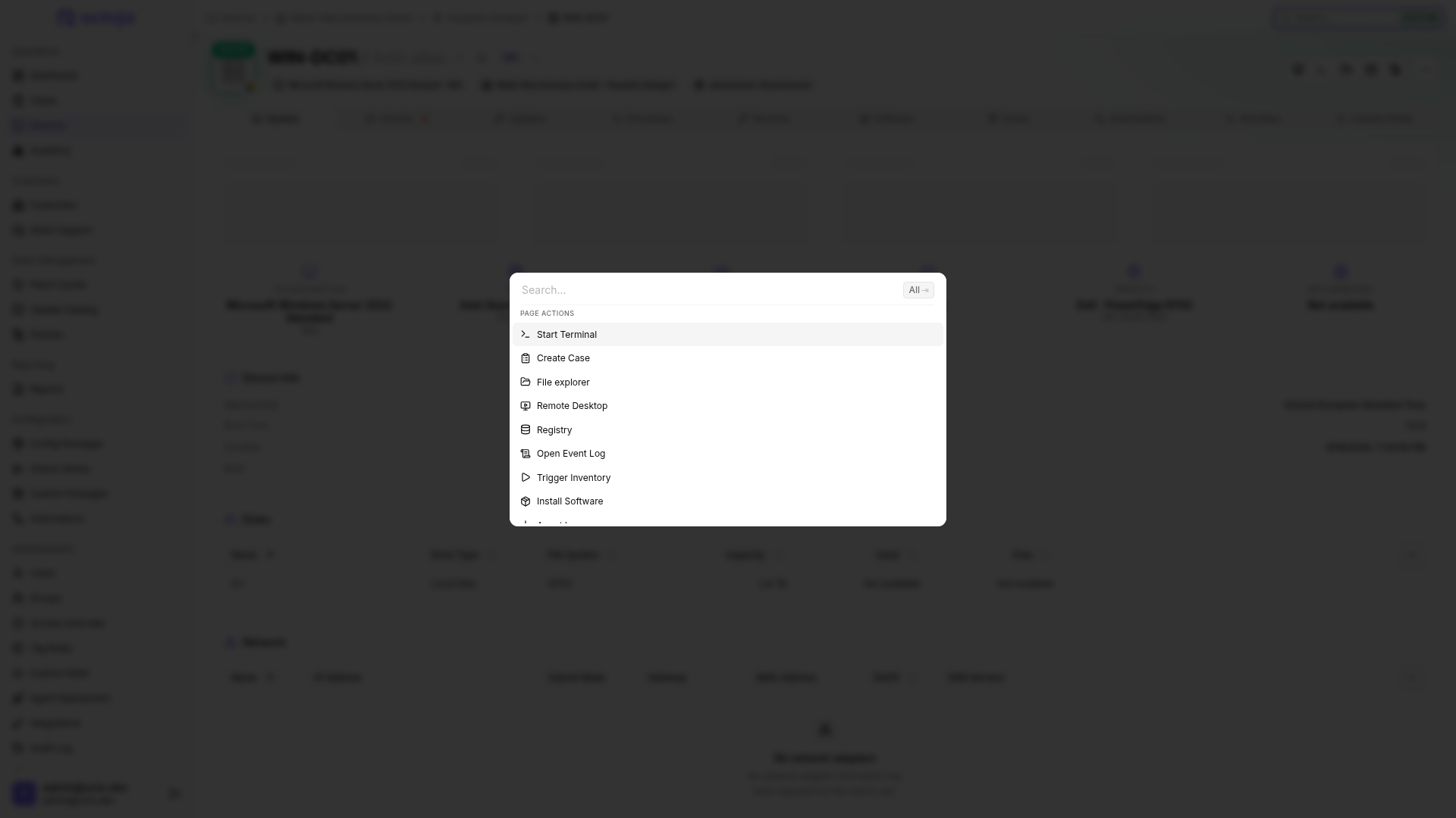 The command palette on a device page showing the Run inventory action.