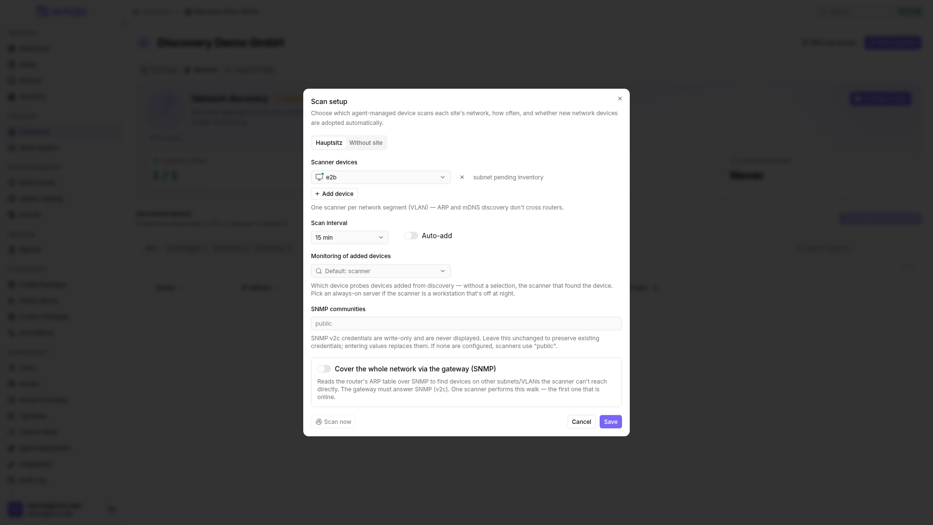 Scan setup with a selected scanner, interval, and SNMP settings.